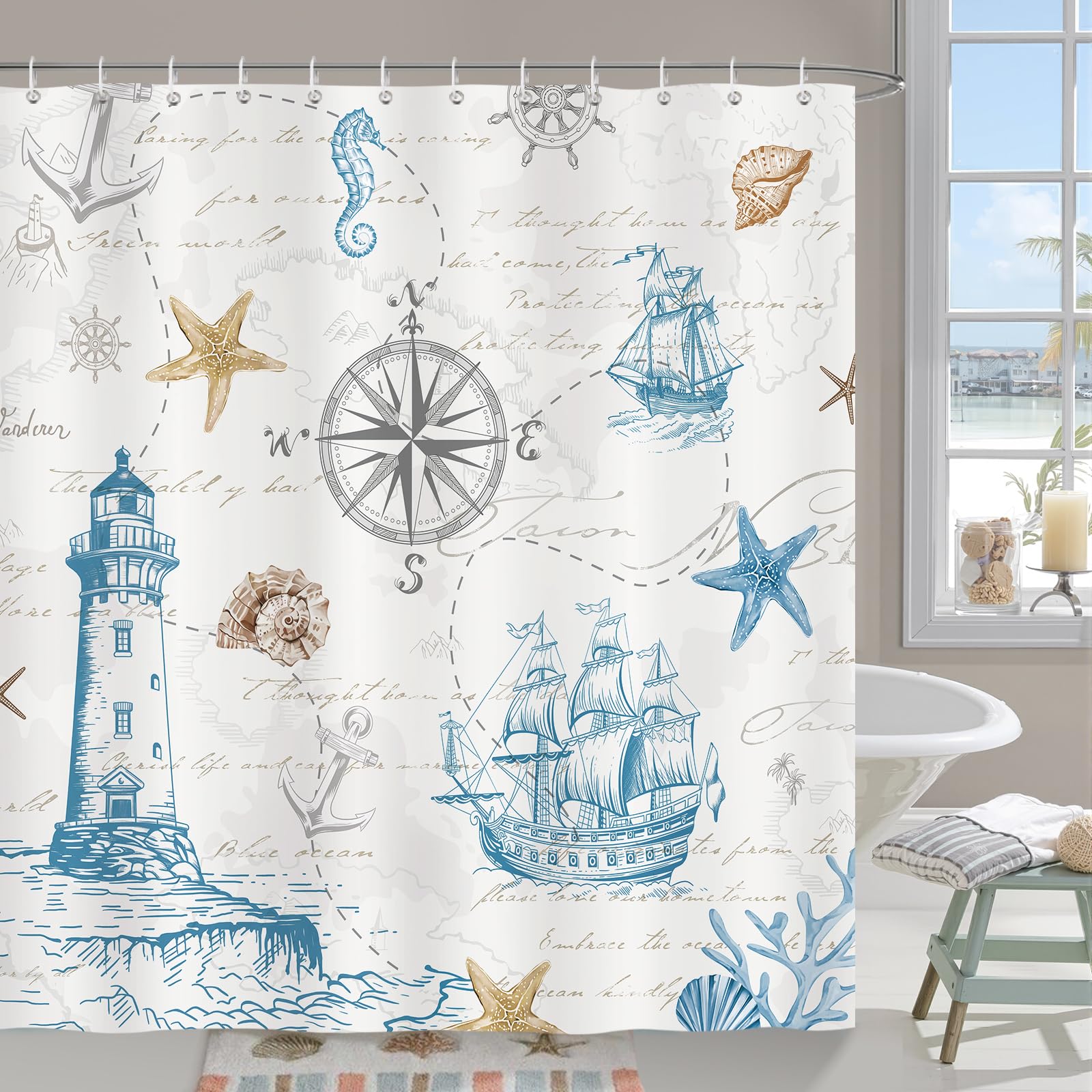Bonhause Nautical Coastal Shower Curtain, Vintage Lighthouse Sailboat Anchor Bathroom Curtain 180 x 180 cm Waterproof Mildew and Mould Resistant Polyester Fabric Bath Curtain with 12 Hooks