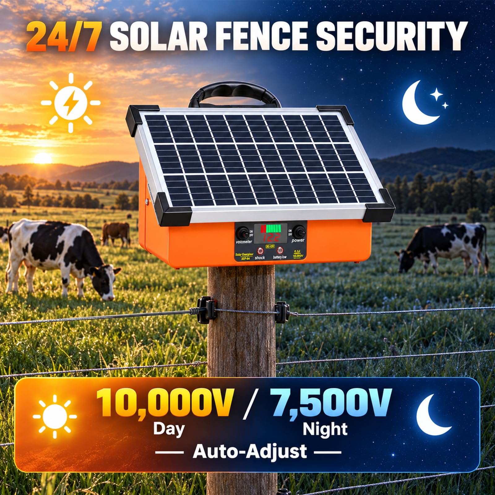 24 km Solar-Weidezaungerät 7,5W, 10.000 V Tag / 7.500 V Nacht automatische Umschaltung, 0,3 J Smart-Impuls (1,5-3,0S), LCD-Batteriestandanzeige, IPX4 Allwetter-Set für Rinder, Pferde, Wildschutz