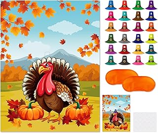 SICOHOME Thanksgiving Turkey Pin Game 26"x 20" Pin the Hat on the Turkey Game Thanksgiving Party Games for Kids Happy Fall Poster with Blindfolds and Stickers Thanksgiving Party Decoration Supplies
