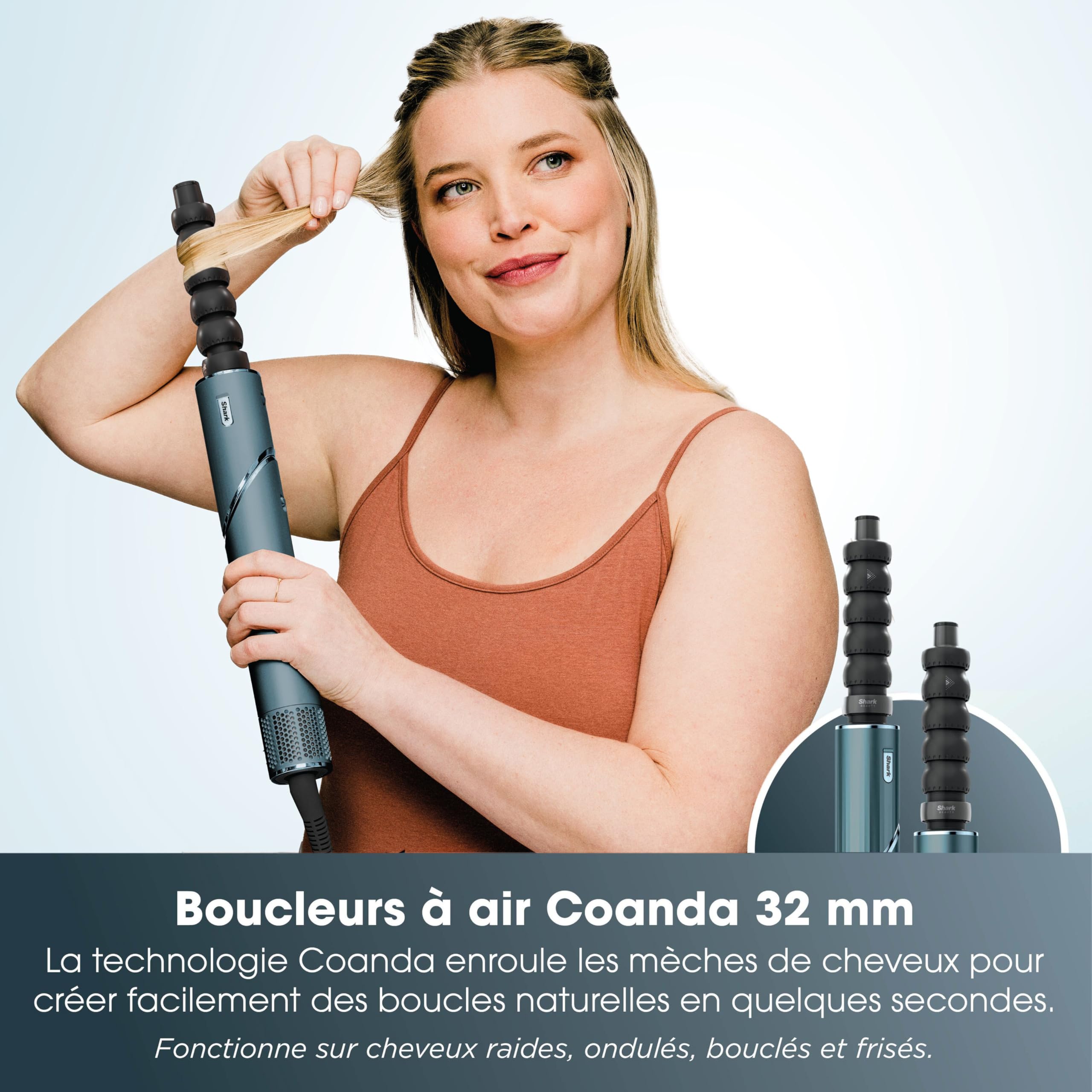 Shark FlexStyle – Bleu sarcelle. Boucleurs à Air, Embout de finition Anti-Frisottis, Brosse Ovale, Concentrateur, Pinces, Pochette de Rangement, aucun dommage thermique HD456TLEU