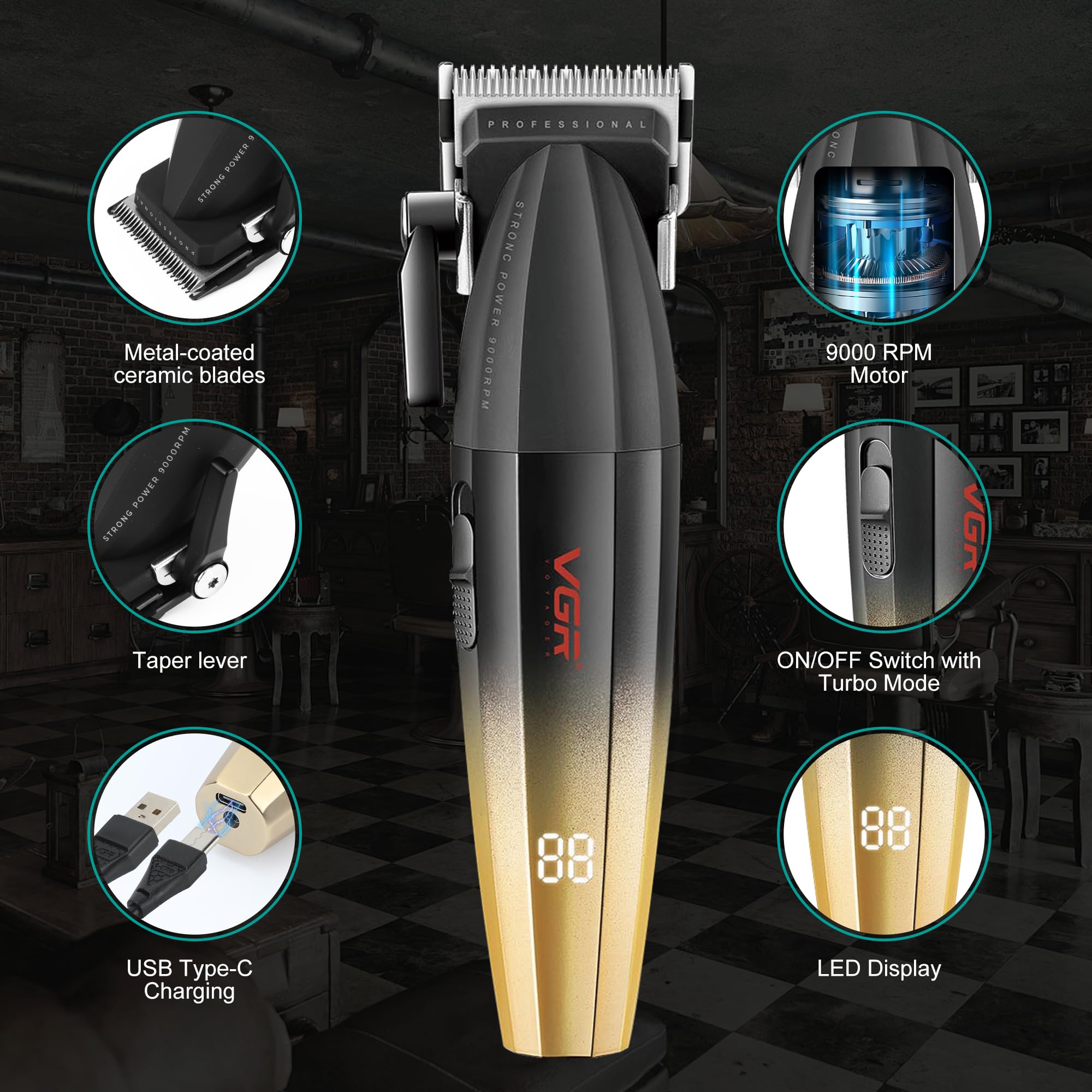 VGR Tagliacapelli professionale da uomo, kit senza fili, 9000 giri/min, macchina da barbiere per taglio di capelli da uomo, tagliacapelli lungo, leva conica, ricaricabile tramite batteria USB-C da 250