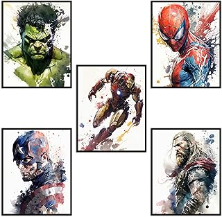 Superhero Watercolor Poster Superhero Room Decor For Boys Set of 5 Unframed (8''x10'') Superheros Wall Decor Posters for Boys Room Nursery Kids Room Wall Decor Superhero Prints Playroom Decor