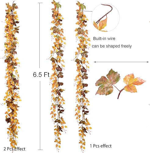 Miniatura 4 de Paquete de 2 guirnaldas de vid de hojas de arce de otoño, 6.5 pies/pieza, guirnalda de vid colgante artificial, follaje otoñal, decoración de Acción