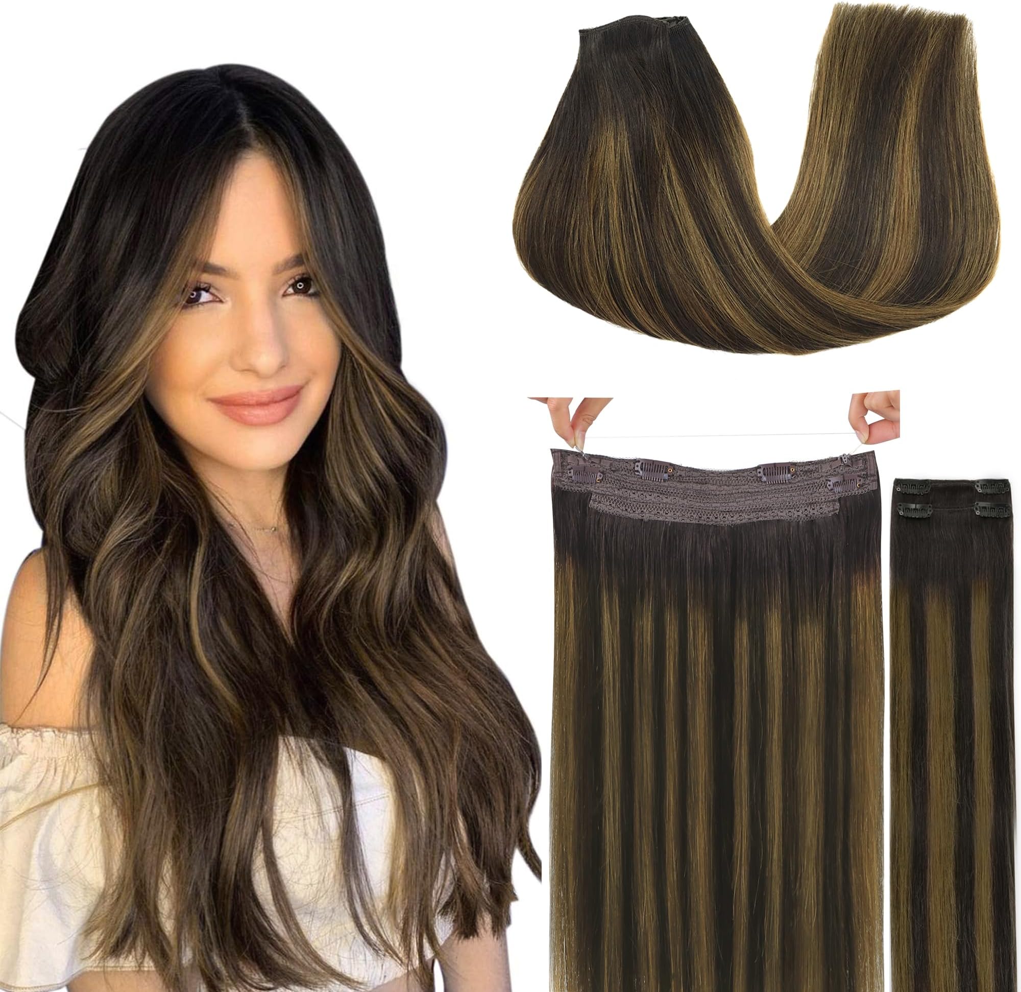 GOO GOO Wire Hair Extensions Human Hair, 2/6/2 Dark Brown with Chestnut Brown Balayage 20inch 140g, Invisible Wire Hair Extensions with Transparent, Seamless Fish Line Hairpiece
