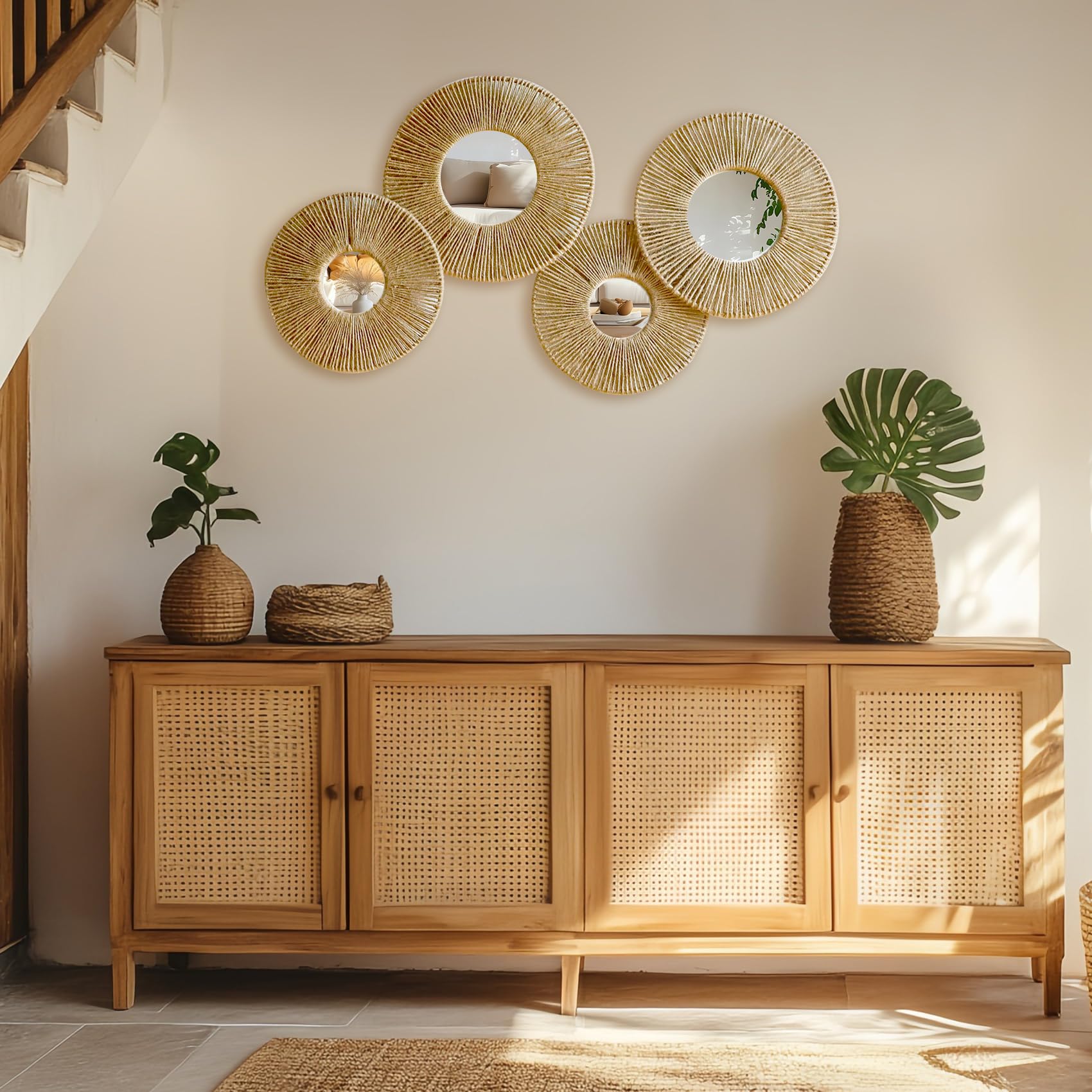 Juego de 4 cestas colgantes para pared, cesta de mimbre tejida decorativa bohemia para colgar en la pared, espejos redondos rústicos, yute natural, decoración del hogar, dormitorio, sala de estar | Cesta de mimbre tejida, yute rústico de granja, dormitori