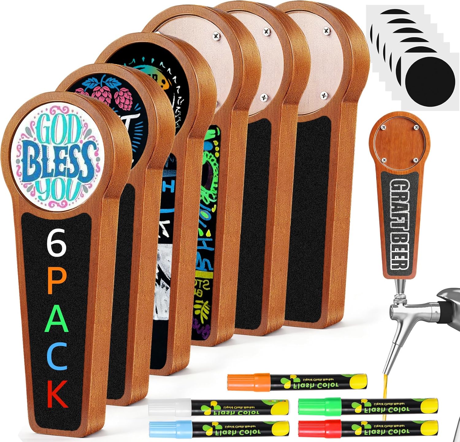 6PCS Wooden Beer Tap Handles Keg Handles, DIY Chalk Tap Handle 3/8"-16 UNC Thread Kegerator Tap Handles for Keg Tap Tower Beer Faucet with Pens & Changeable Logo, Gift for Homebrew, Beer Lovers, Bar