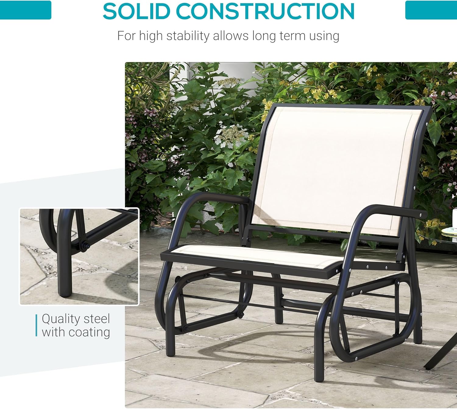 Porch Glider Metal Frame Swing Glider Chair with Breathable Mesh, Curved Armrests, Powder-Coated Steel Frame, 264 Lb Capacity for Patio, Garden, Poolside, Balcony Cream White