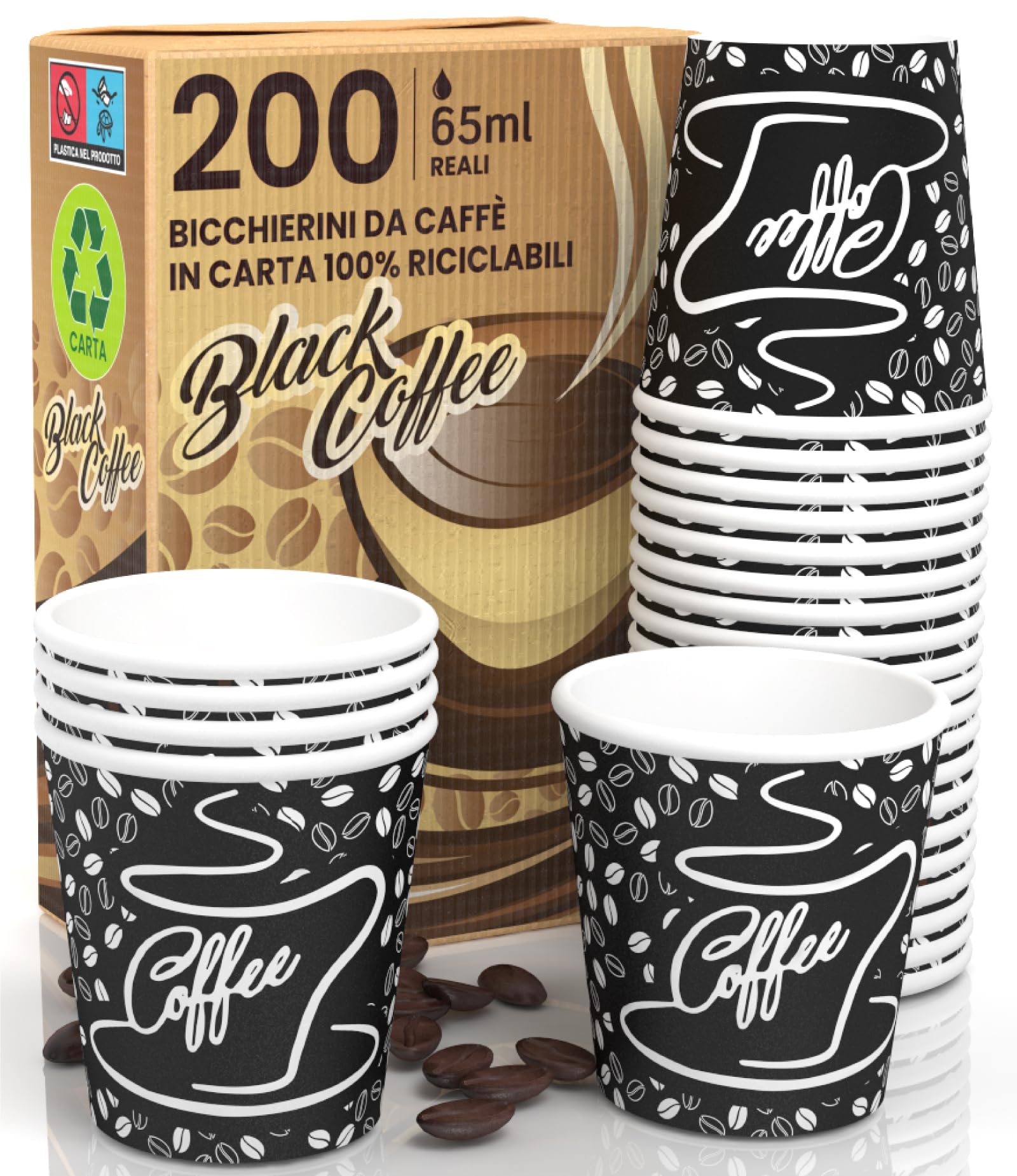 Bicchierini Di Carta Per Caff&egrave; 66 Ml - Bio, Compostabili, Confezione Da 200 Pezzi Assortiti