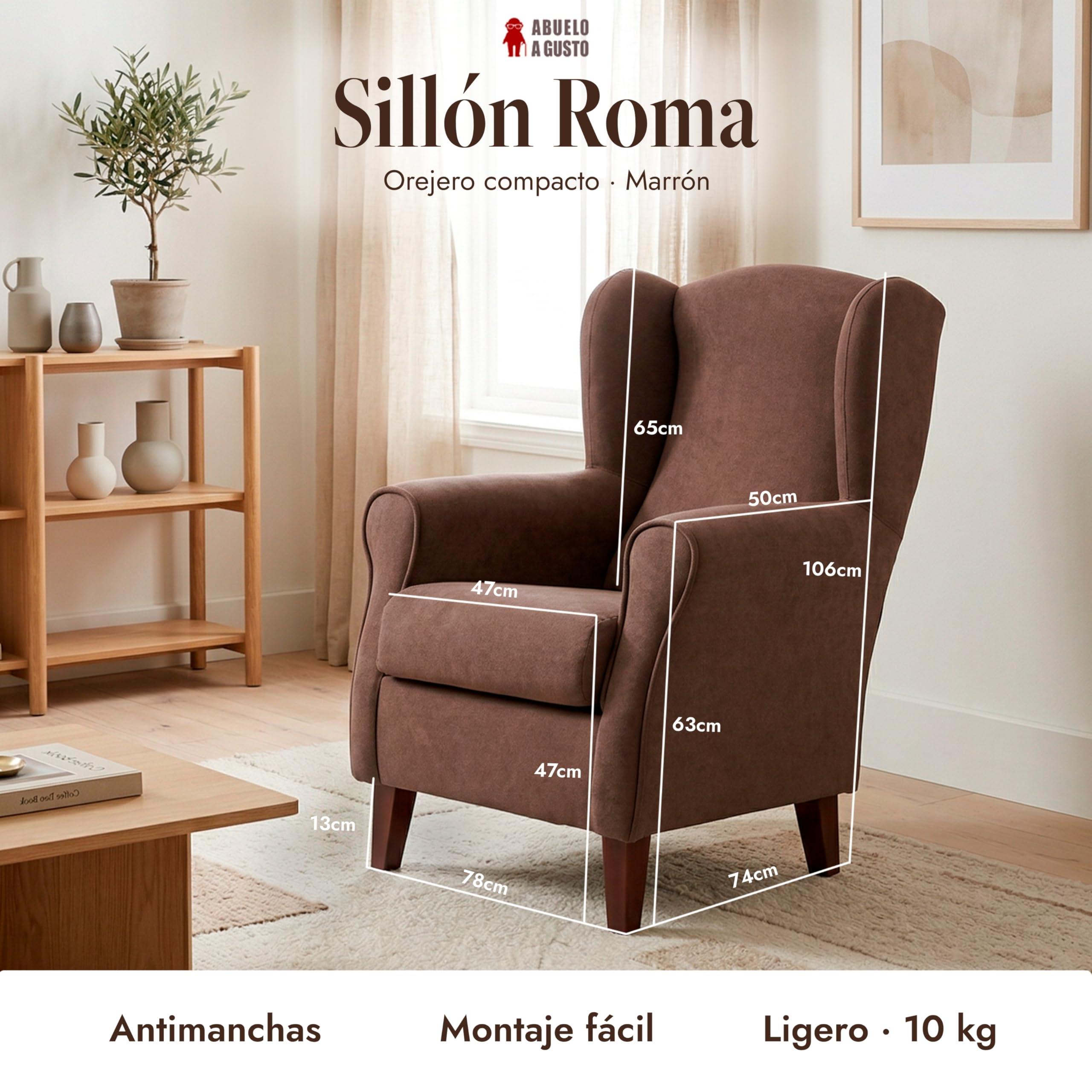 Abuelo A Gusto | Sillón Orejero Individual Roma - Compacto para Salón y Dormitorio - 106x74x78cm - Butaca de Lectura Cómoda y Ligera - Tela Antimanchas, Respaldo Alto y Sentada Firme (Marrón)