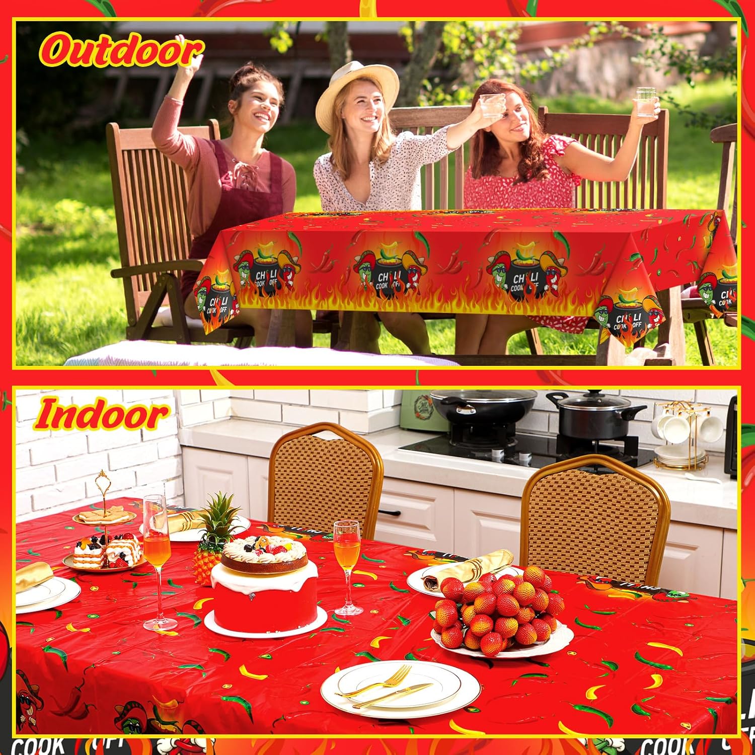 Oudain 3 Pcs Plastic Chili Cook Off Tablecloths, Chili Pepper Party Favor Supplies, Disposable Cinco De Mayo Pepper Hot Flame Table Cover for Mexican Theme Cooking Party Decor, 108 x 54 Inch - Image 6