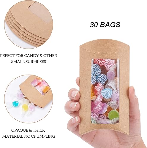Miniatura 3 de BENECREAT 30 cajas de almohada de papel kraft marrón de 4 x 2.8 x 0.8 pulgadas con ventana transparente, caja de embalaje de dulces para cumpleaños,
