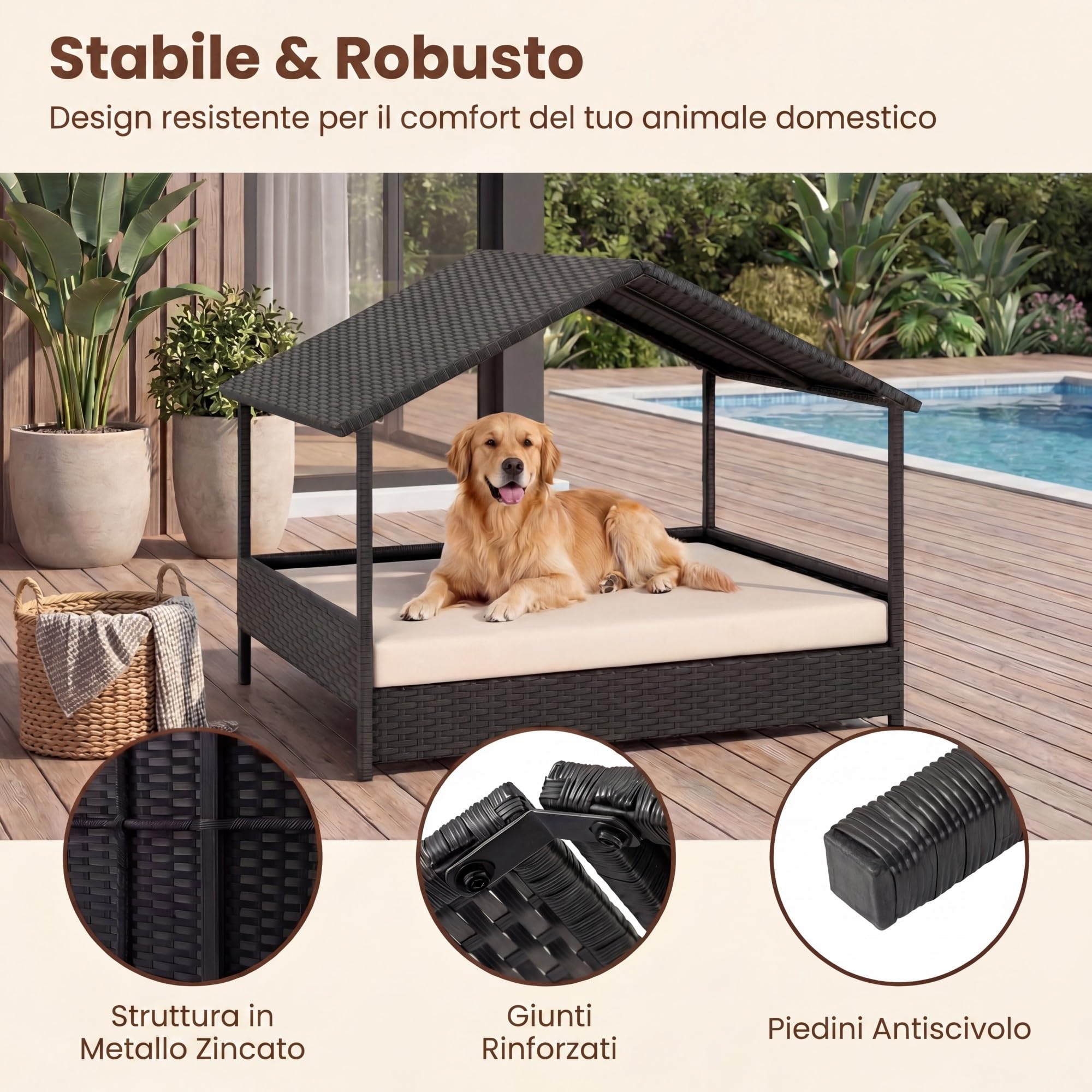 GYMAX Letto per Cane con Cuscino, Cuccia per Cane da Esterno in Rattan PE con Tetto a Spiovente e Base Rialzata, Ventilata & Impermeabile, per Esterno & Interno, 98 x 68 x 74 cm (Beige)