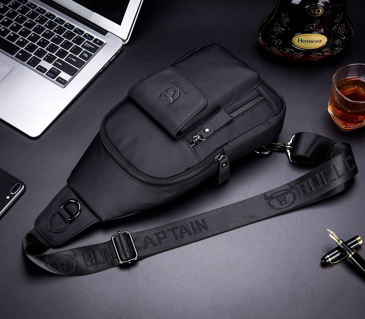 BULLCAPTAIN Genuine Leather Sling Bag for Men Multi-pocket Casual Travel Crossbody Chest Bag Hiking Backpacks (Black)