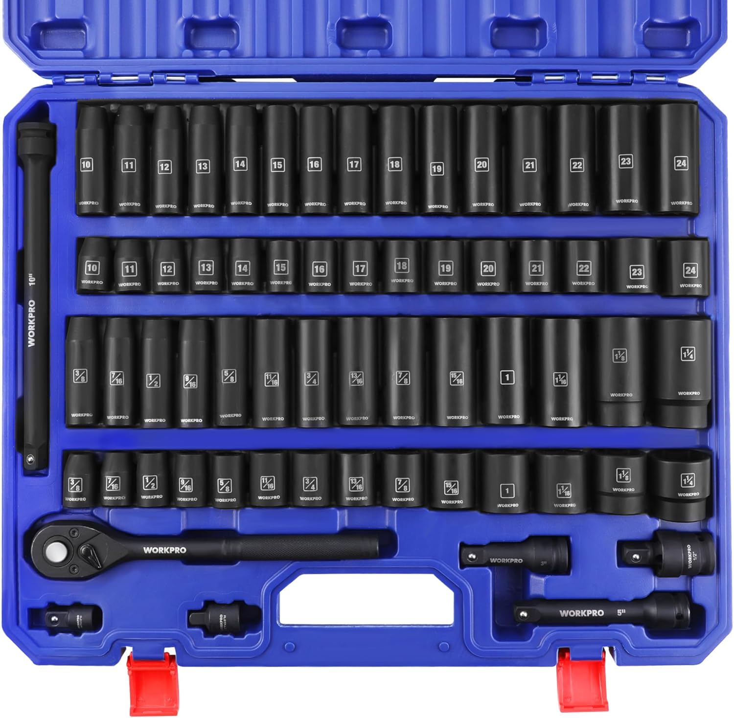 WORKPRO 1/2” Drive Impact Socket Set, 65PCS SAE(3/8”-1-1/4”) and Metric(10-24mm) Deep & Shallow Kit, Ratchet Handle, Extension Bar, Impact Universal Joint and Adapters for Automotive Repair