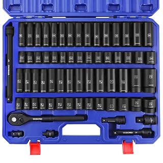 WORKPRO 1/2” Drive Impact Socket Set, 65PCS SAE(3/8”-1-1/4”) and Metric(10-24mm) Deep & Shallow Kit, Ratchet Handle, Extension Bar, Impact Universal Joint and Adapters for Automotive Repair