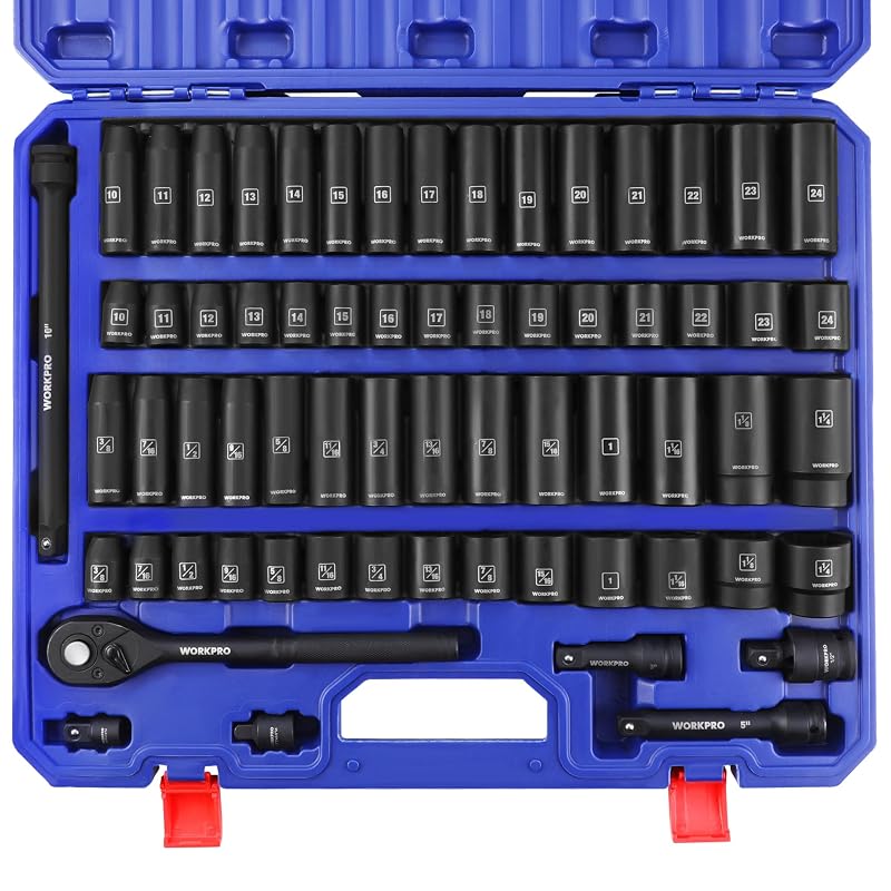 WORKPRO Jogo de Soquetes de Impacto com Encaixe de 12,7 mm (1/2 pol.), Métrico e SAE, Pontas Longas e Curtas, Catraca e Acessórios, 65 peças