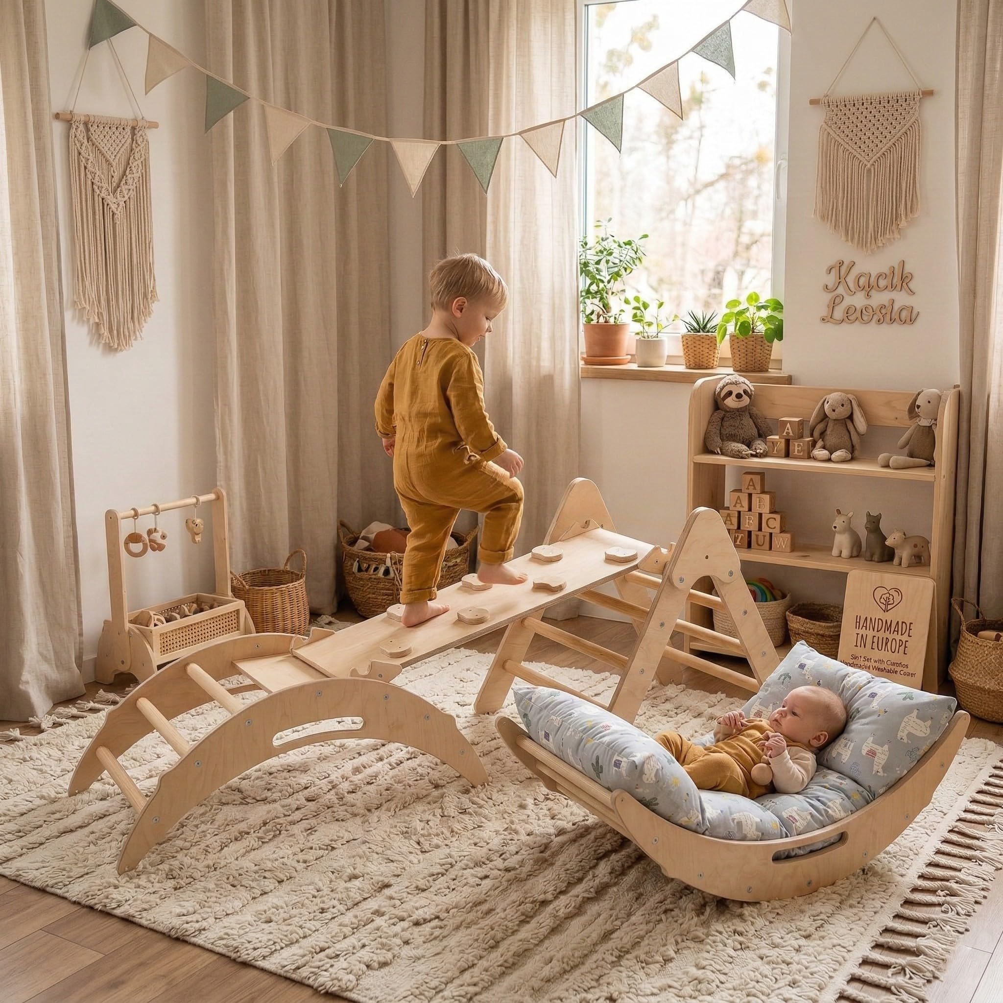 WoodsCraft Montessori Kletterset 5in1 Kletterdreieck Kletterbogen mit Kissen Rutsche Rampe Holz Klettergerüst Indoor Spielgeräte