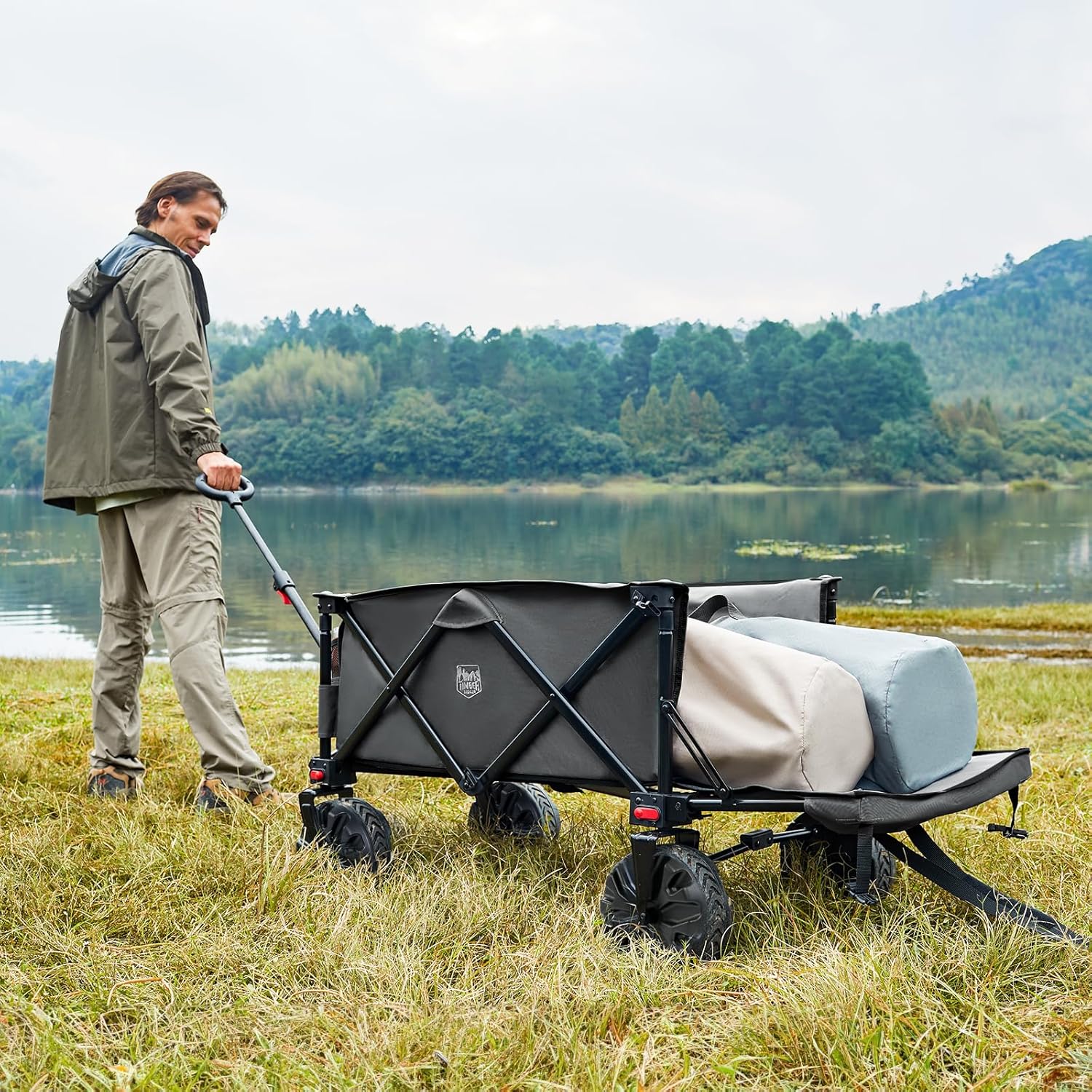 TIMBER RIDGE 47 L Collapsible Folding Wagon with Tailgate, 300lbs Heavy Duty Beach Wagon with All-Terrain Big Wheels, 250L Foldable Utility Cart for Sand Camping Sports Shopping, Grey