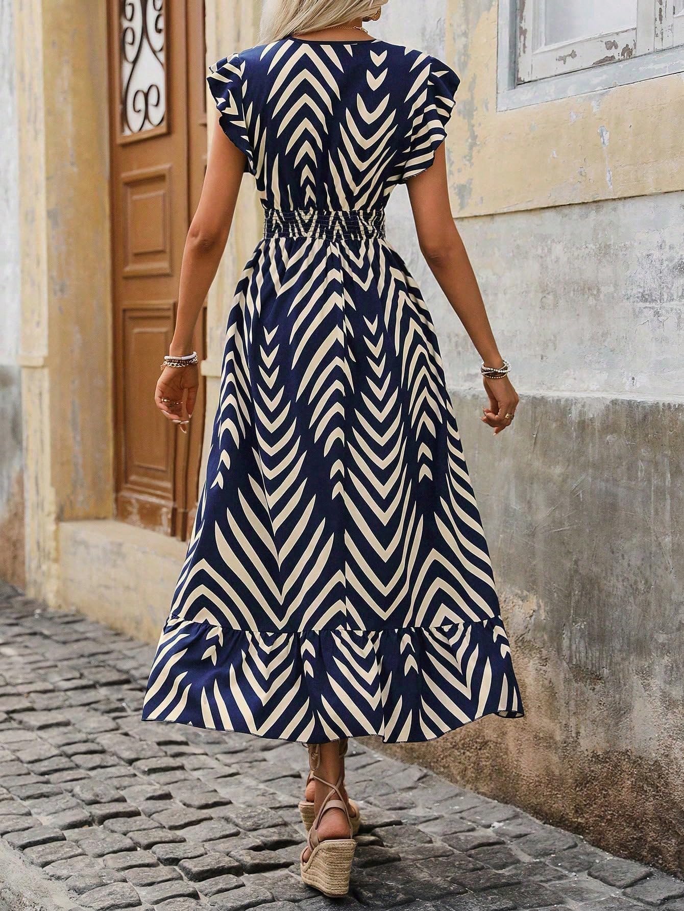 Shasmi Women's & Girl's Navy Blue V-Neck Striped Printed Dress With Ruffled Hem And Belted Waist For Vacation, One Piece Dress For Women's Casual Dress (Dress 140 N Blue-L)