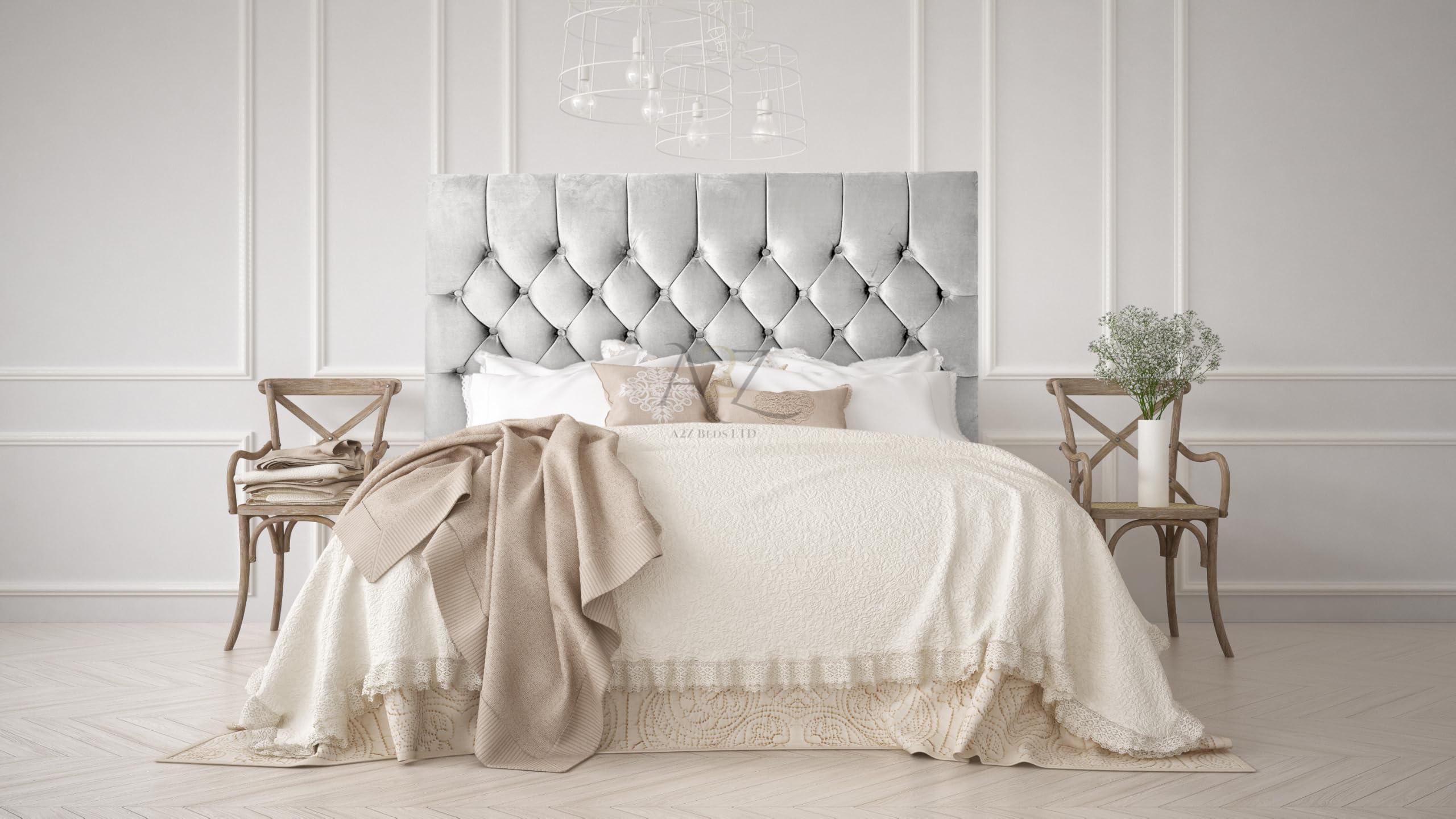 Chesterfield 30" Headboard Plush Velvet 3FT-4FT-4FT6-5Ft-6FT (Pebble, 5FT King)