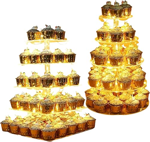Vdomus Soporte de pastelería de acrílico de 4 y 5 niveles para cupcakes con cadena de luces LED, torre de árbol de postre para cumpleañosbodas