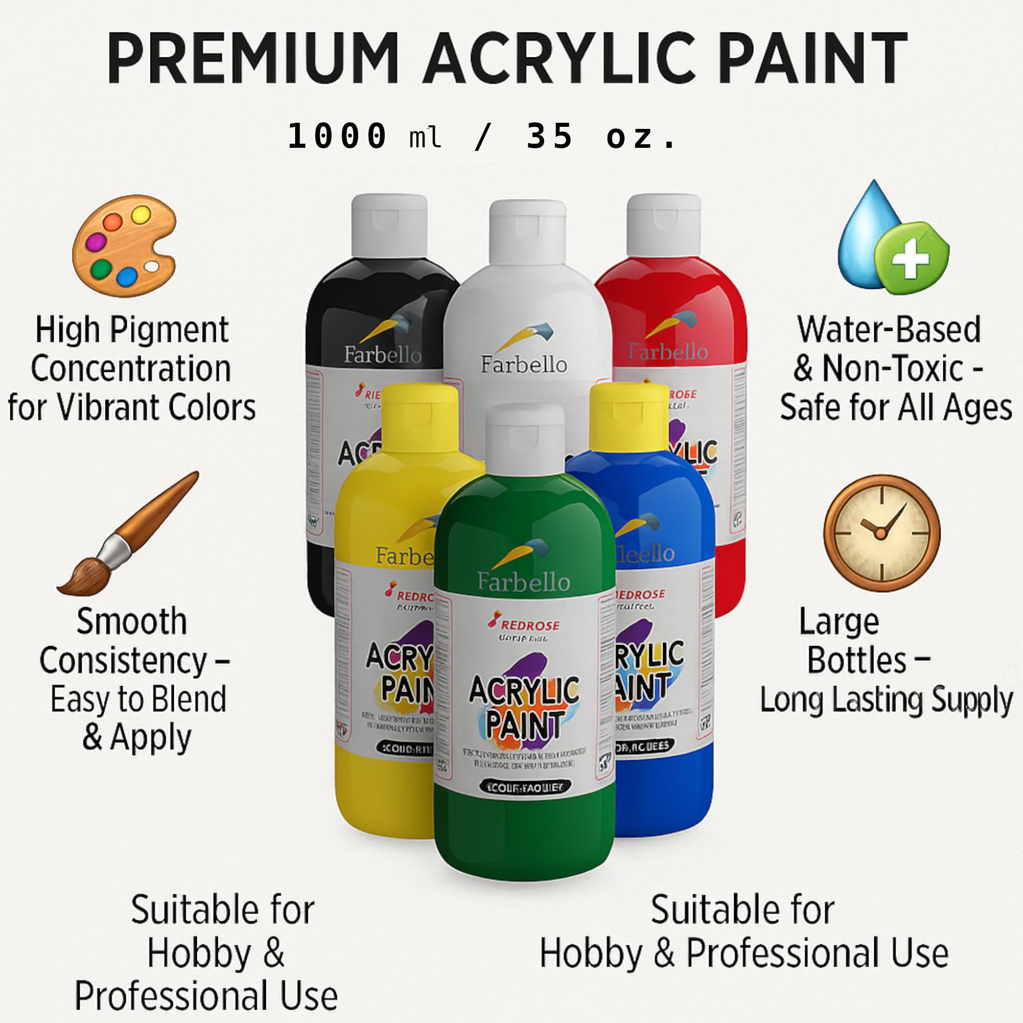Juego de 6 pinturas acrílicas de 1000 g cada una, a base de agua, resistente al agua y altamente pigmentadas, kit de pinturas acrílicas para madera, lienzo, tela, piedra, 6 x 1000 g