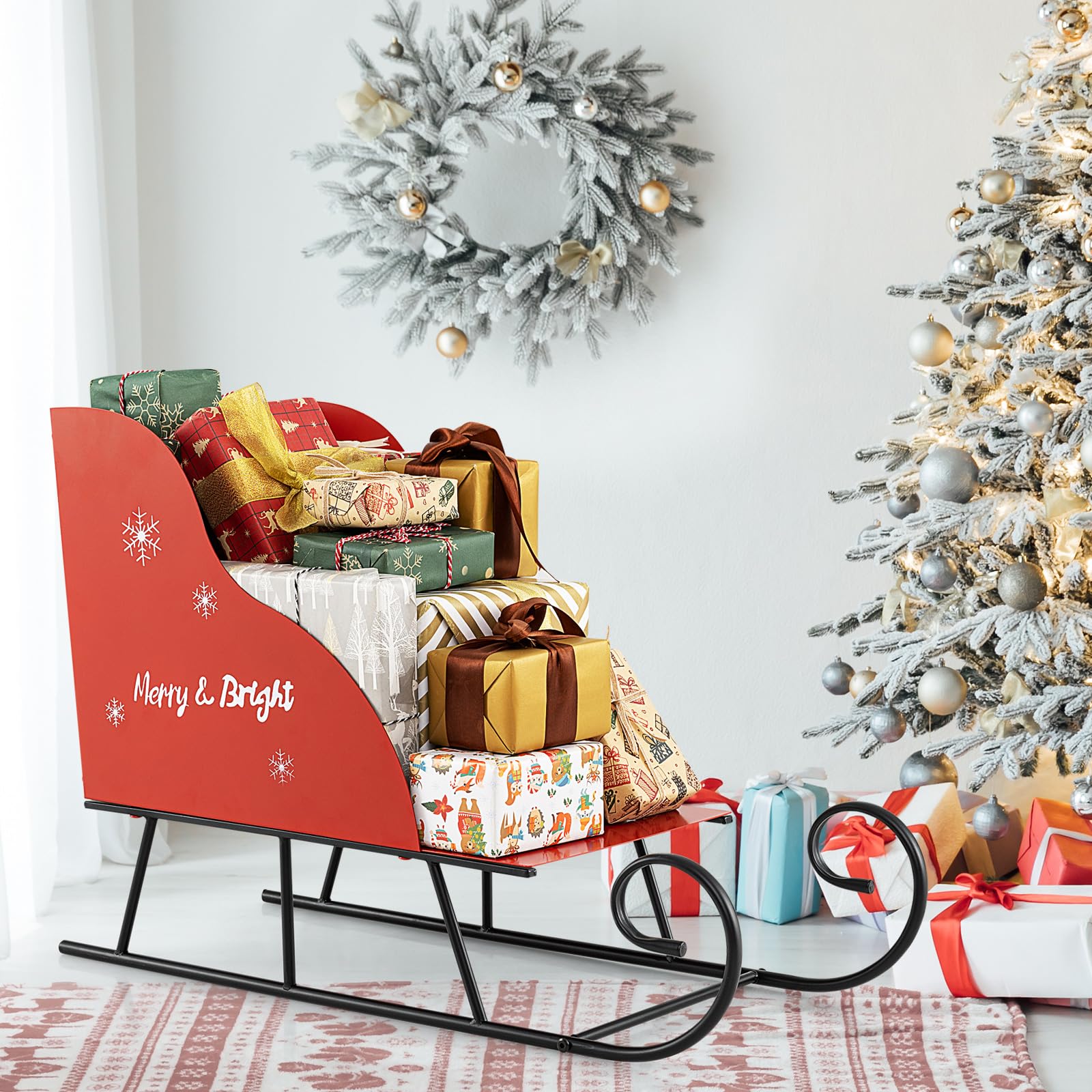 COSTWAY Deko Schlitten für Weihnachten, Weihnachtsschlitten aus Metall, Weihnachtsdeko groß Outdoor, Schlittenkorb Metallschlitten, Weihnachtsdekoration für Zuhause, Büro, 74 x 32 x 51 cm, Rot