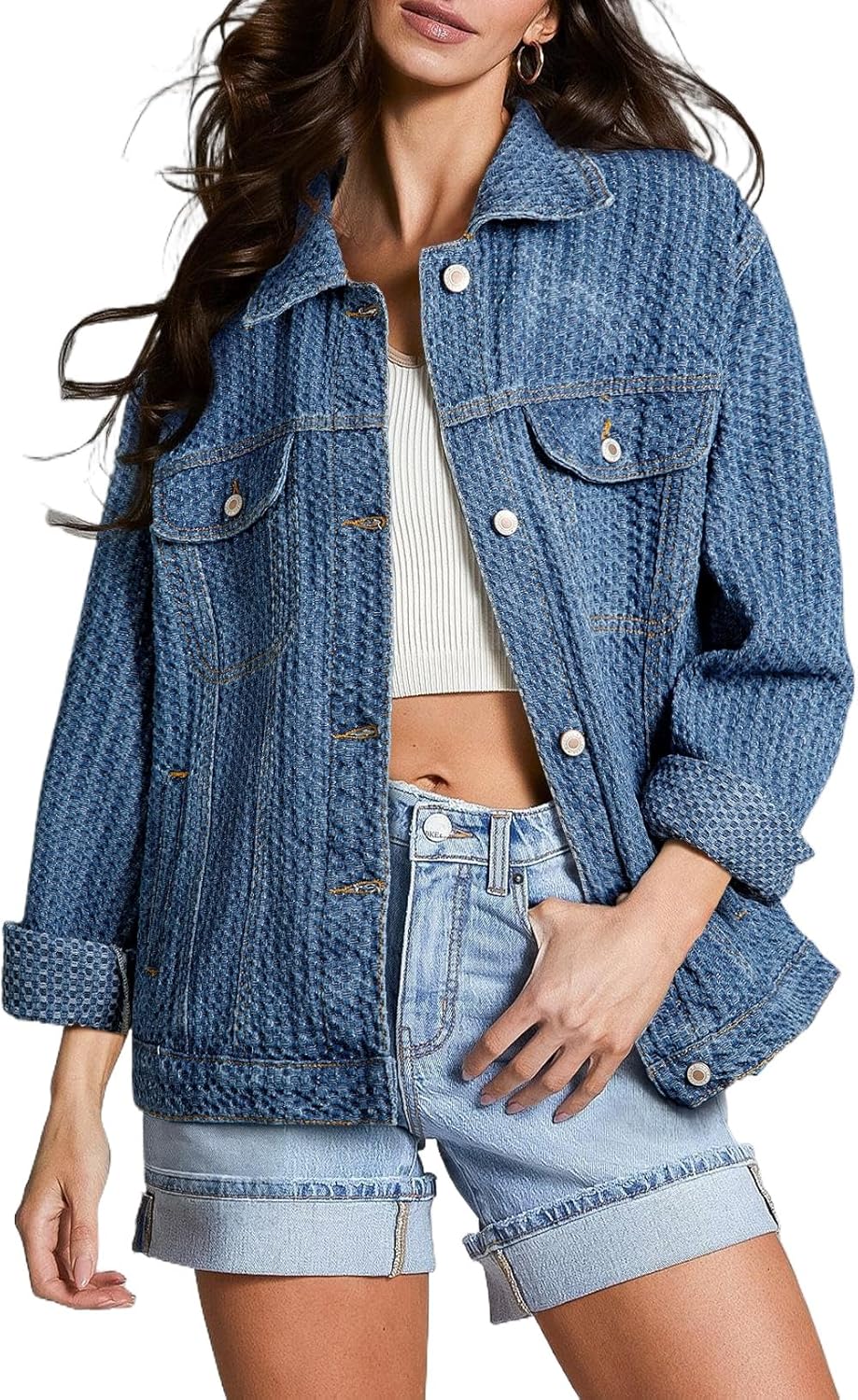 Sidefeel Women's Jean Jacket Oversized Boyfriend Button Up Long Sleeve Textured Denim Jackets