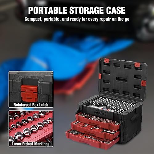 Miniatura 4 de WORKPRO Juego de 450 piezas de llaves de vaso de 1/2" 1/4" 3/8", CR-V métricas e imperiales con llave de trinquete de liberación rápida, llaves,