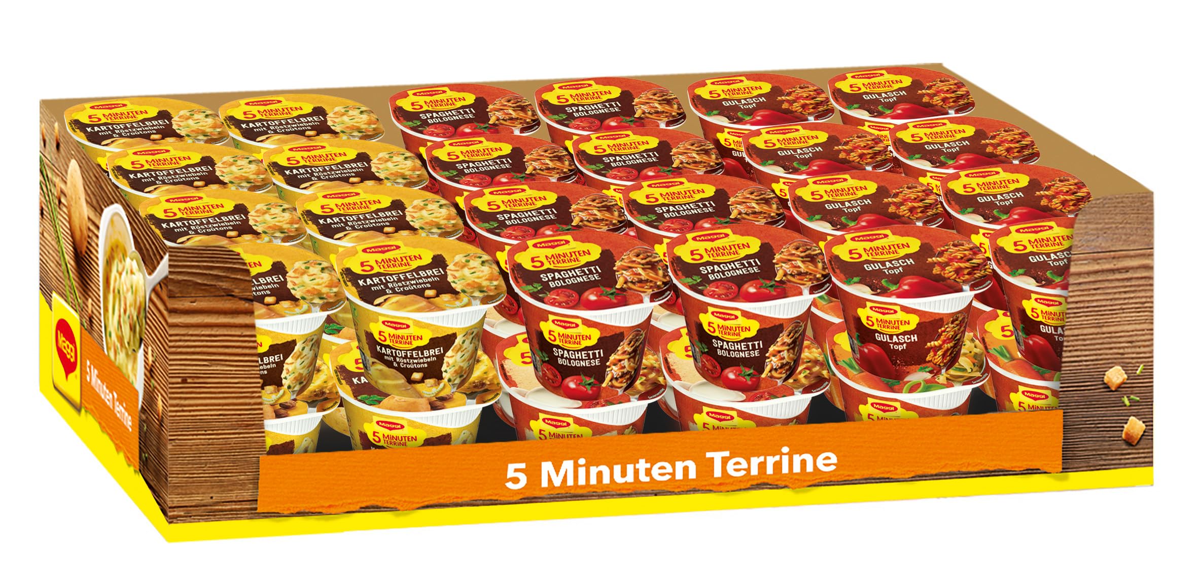 Maggi fünf Minuten Terrinen, Sortimentsbox, Leckere Fertiggerichte in 6 verschiedenen Geschmacksrichtungen, Im praktischen Becher, 48er Pack (48 Becher)