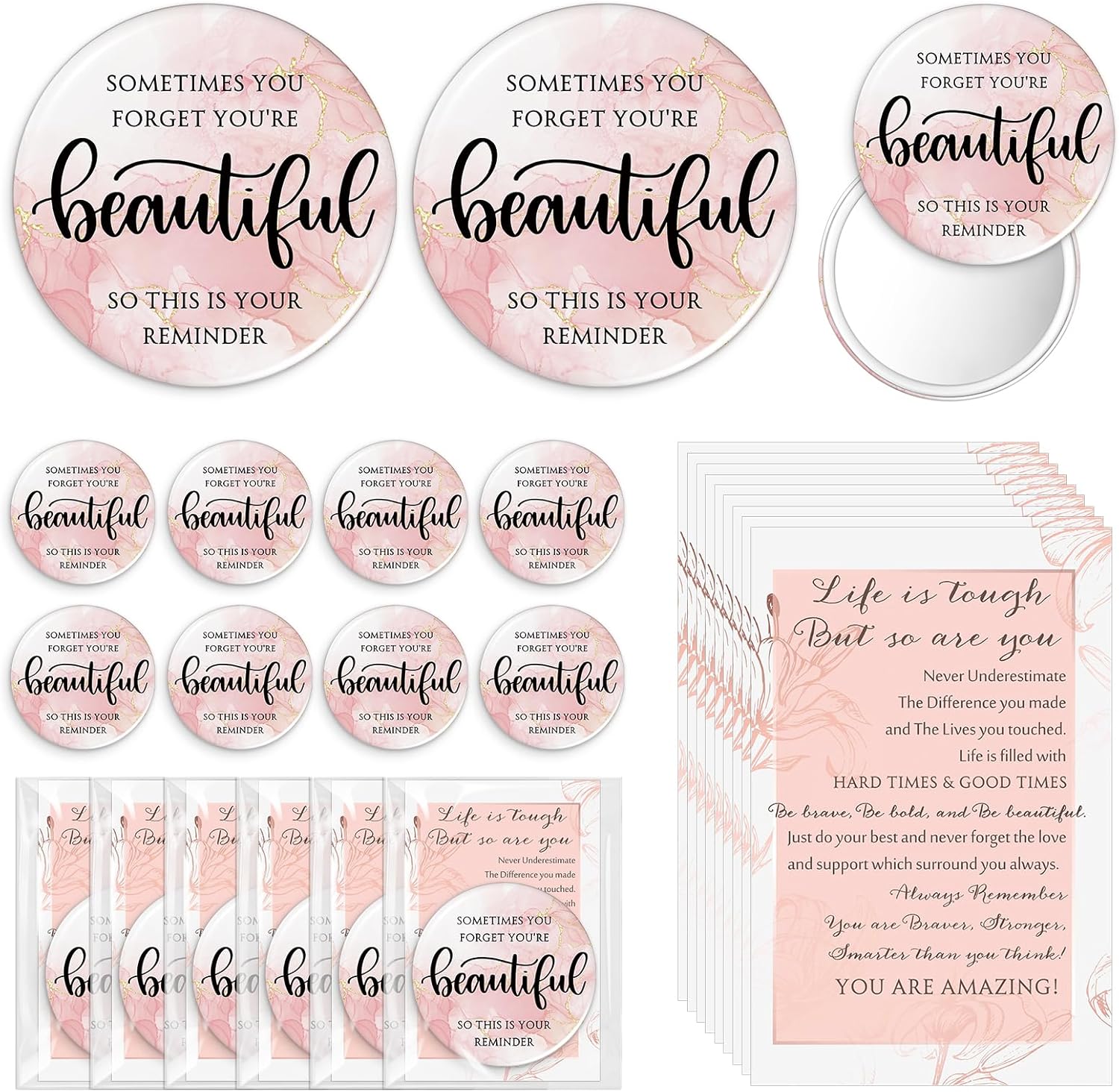 Cinnvoice 50 Sets Pink Inspirational Mini Compact Mirror Bulk for Women Small Portable Round Purse Mirrors Employee Appreciation Gift for Graduation Party Favors Coworker Nurse (May You)