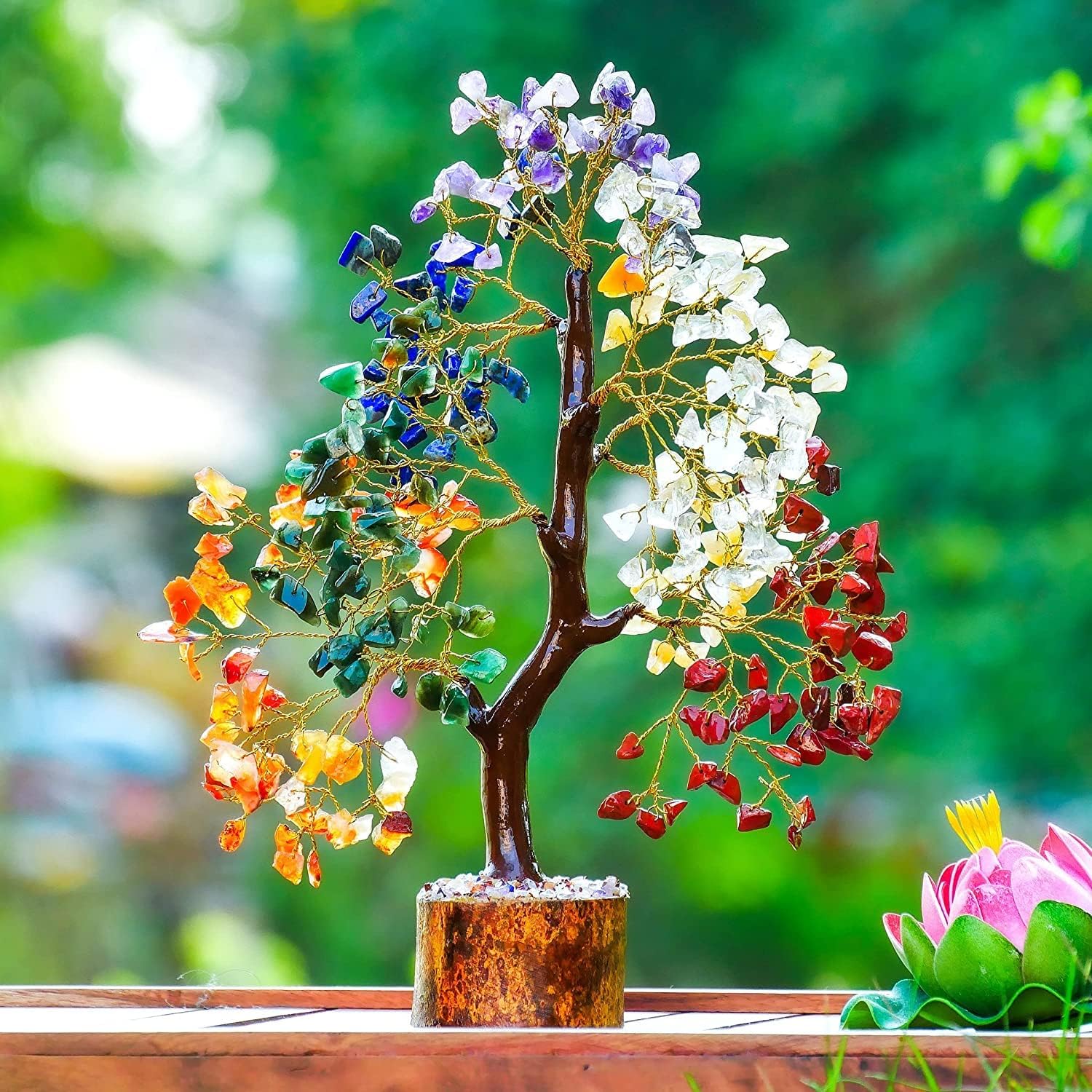 HOMEDECORSHOPIE Seven Chakra Bonsai Tree with Chakra Bracelet Made of Gemstone Crystal with Golden Wire for Healing Vastu Fensghui Prosperity Good Health Relationship 10-12 Inches : Health & Household