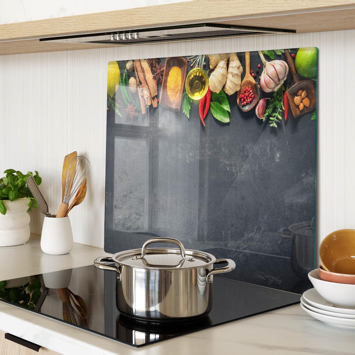 Tagliere in Vetro 60x52 cm Facile da Pulire Rettangolare con Stampe da Cucina Antigraffio Durevole e Igienico con Piedini Antiscivolo Resistente al Calore - Erbe e spezie