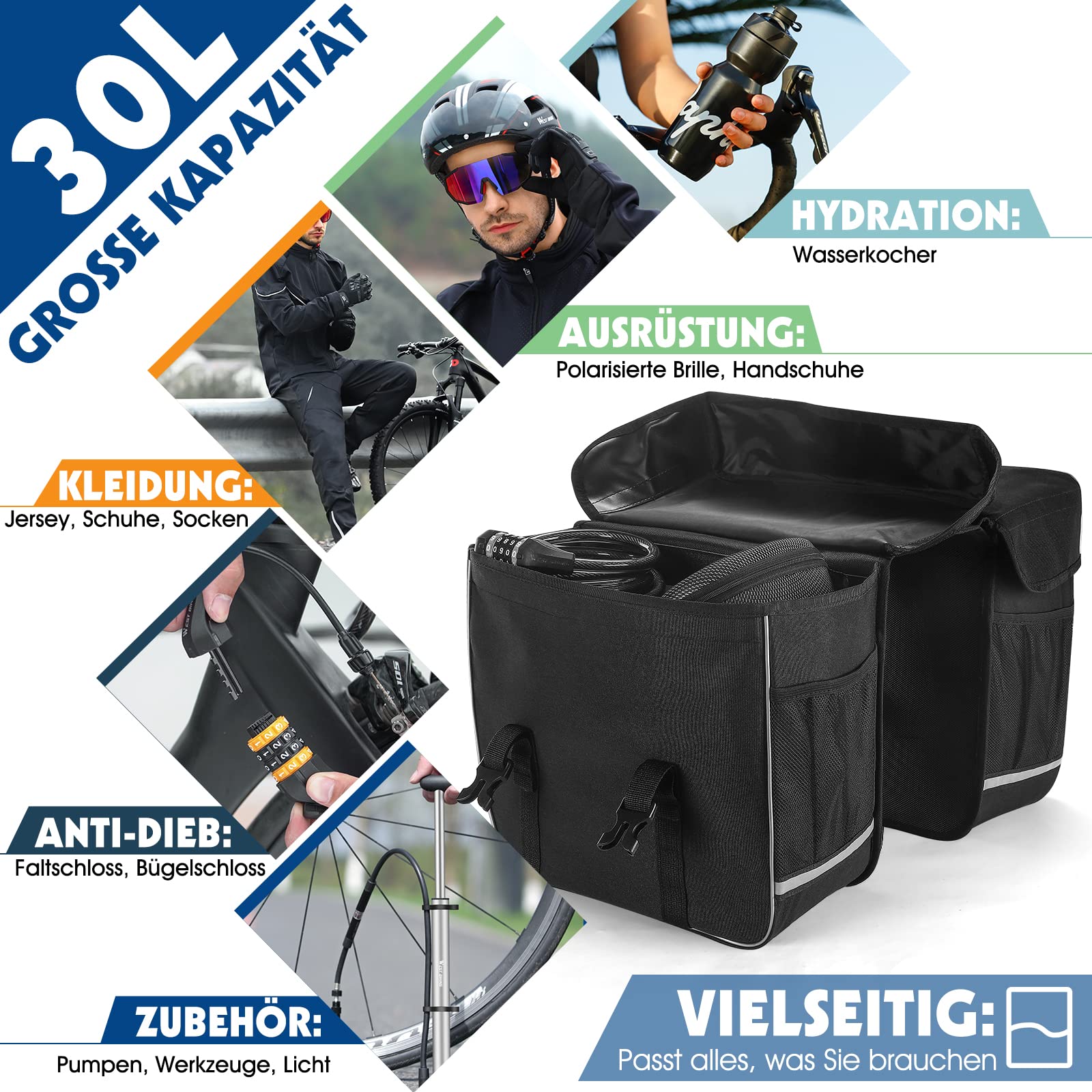 WESTGIRL Fahrradtasche für Gepäckträger - Satteltaschen für Fahrrad Gepäckträger wasserdicht - Hinterradtasche Doppeltasche für E-Bikes MTB Rennrad - Fahrrad Tasche Gepäckträgertasche, 30L