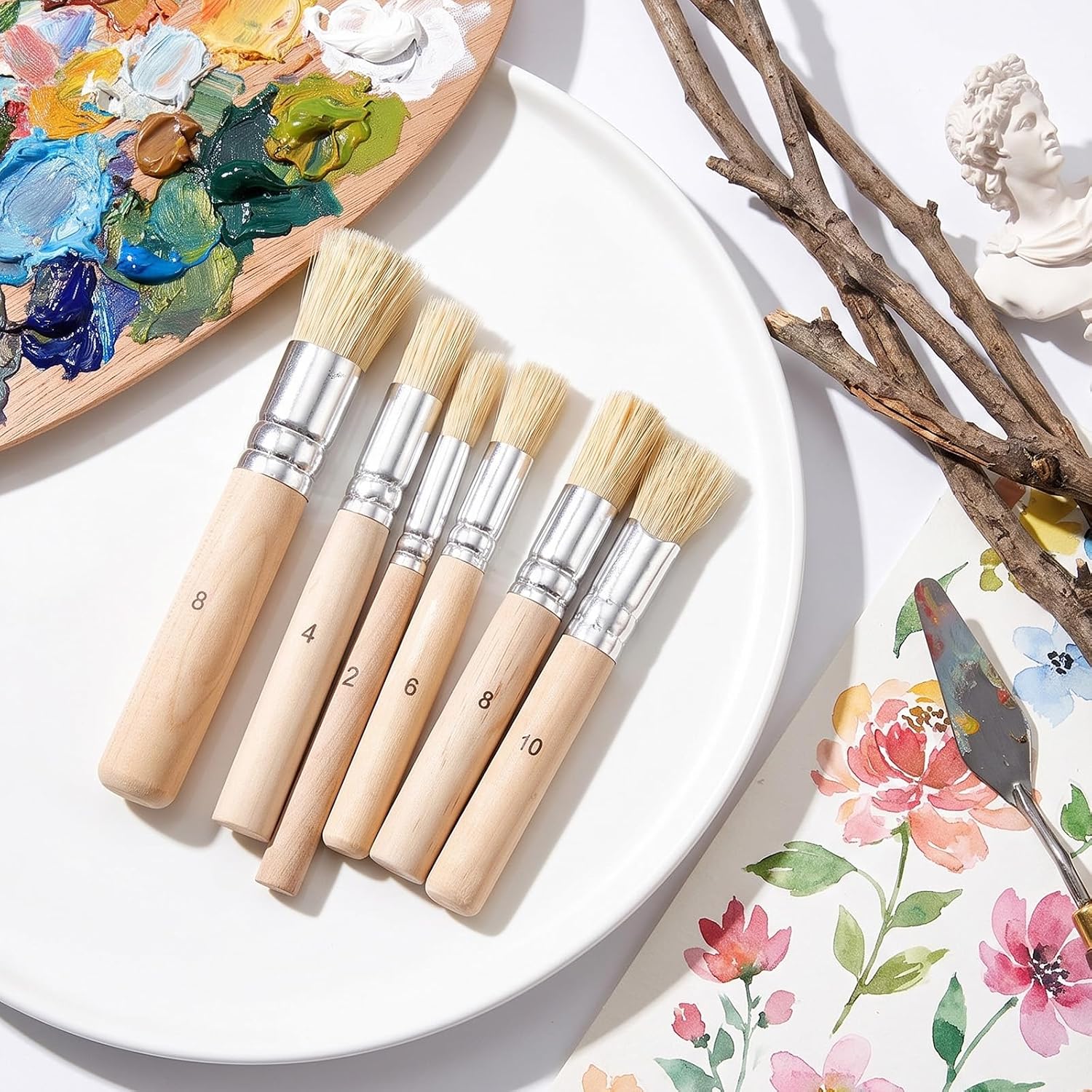 6PCS Stencil Brushes Stencil Brushes for Stenciling Stipple Brush | Wooden Stencil Brushes, Natural Bristle Template Paint Brushes for Card Making, DIY, Crafts and Watercolor Painting