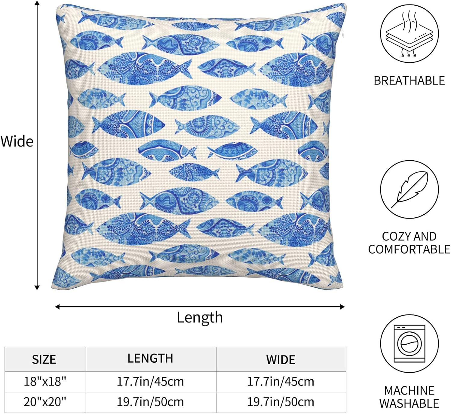 Blue Fish Sea Animal Throw Pillow Covers Hand Drawn Style Square Pillow Cases 18x18 Inch Set of 2 Marine Artwork Pillowcase Decorative Cushion Cover for Home Bedroom Couch Sofa - Image 4