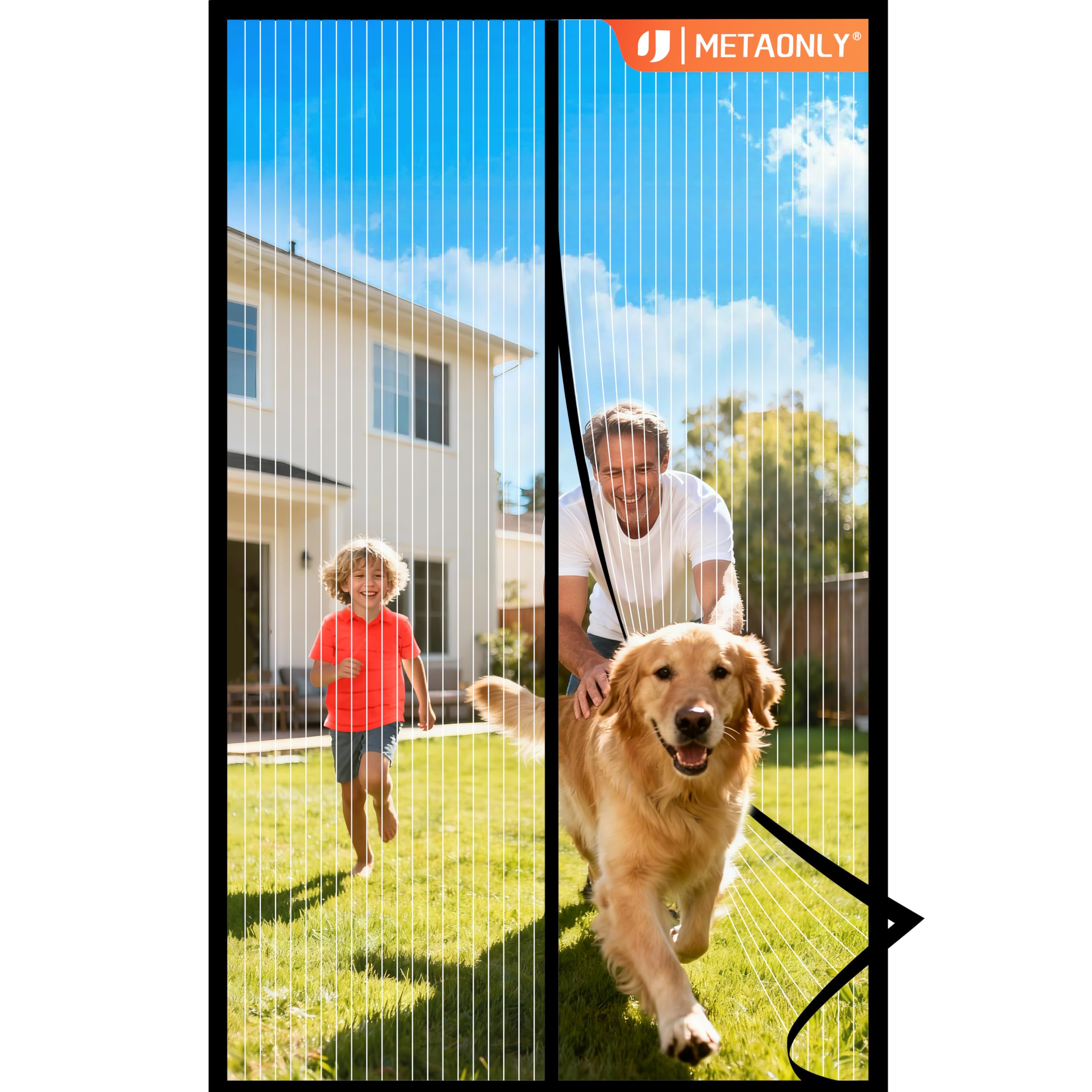 METAONLY Magnetic Screen Door Mesh, Works for Patio, Sliding Door, Keeps Bug Mosquito Out, Fresh Air Flow, Fits 30" x 80" Door - Curtain Size 32" x 82", Black Frame White Veil