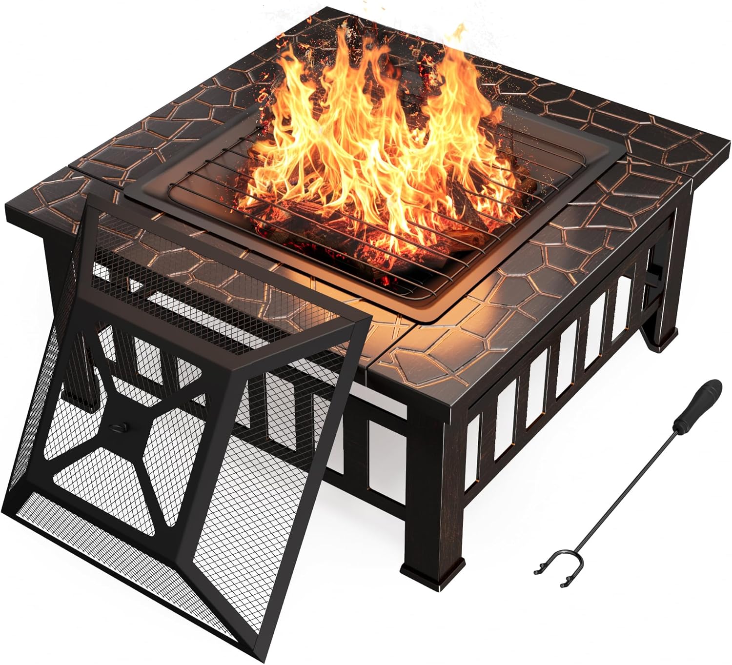Devoko 32 Inch Copper Outdoor Fire Pit Table with Waterproof Cover - 3-in-1 Metal Firepit for Patio Camping BBQ
