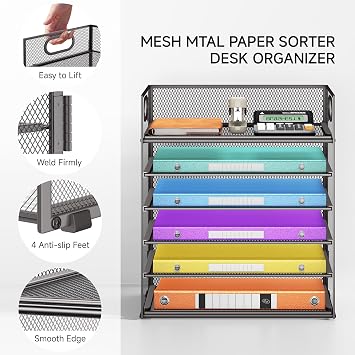 VITVITI Desk Organizer and Office Accessories, 6 Tier Paper Letter Tray Organizer with Handle, Mesh Desktop Organiser for Office Supplies, Desk Tidy Organiser - Black