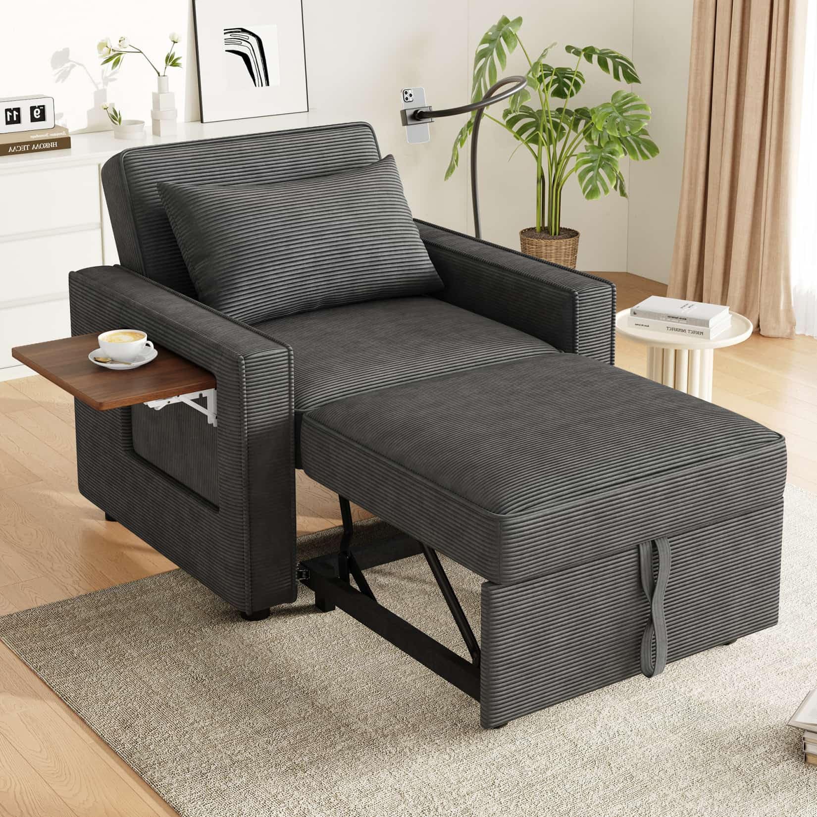 Canapé 1 Place Convertible avec Table d'appoint,Fauteuil Relax,Petit Canapé Lit Pliable,Chaise Longue,avec Port USB et Support pour Téléphone Portable (Gris-Velours côtelé-1)