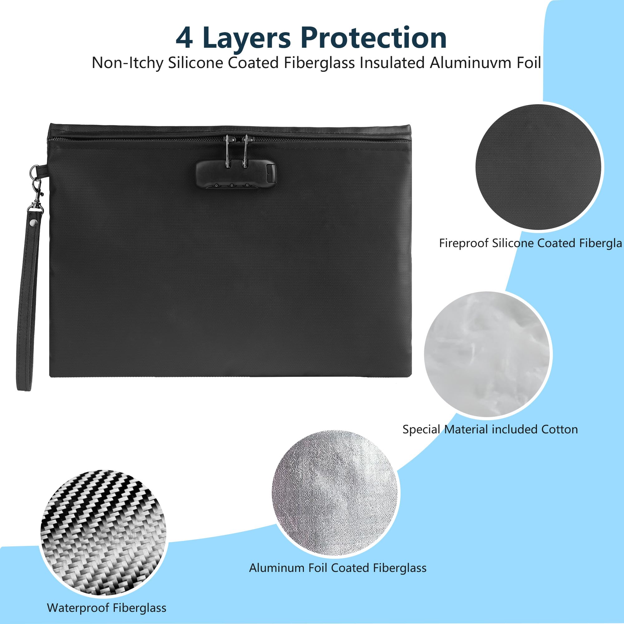 Bolsa de documentos impermeable e ignífuga con cerradura de contraseña, negro, 36 x 26 cm, bolsa de almacenamiento multifuncional, funda de seguridad