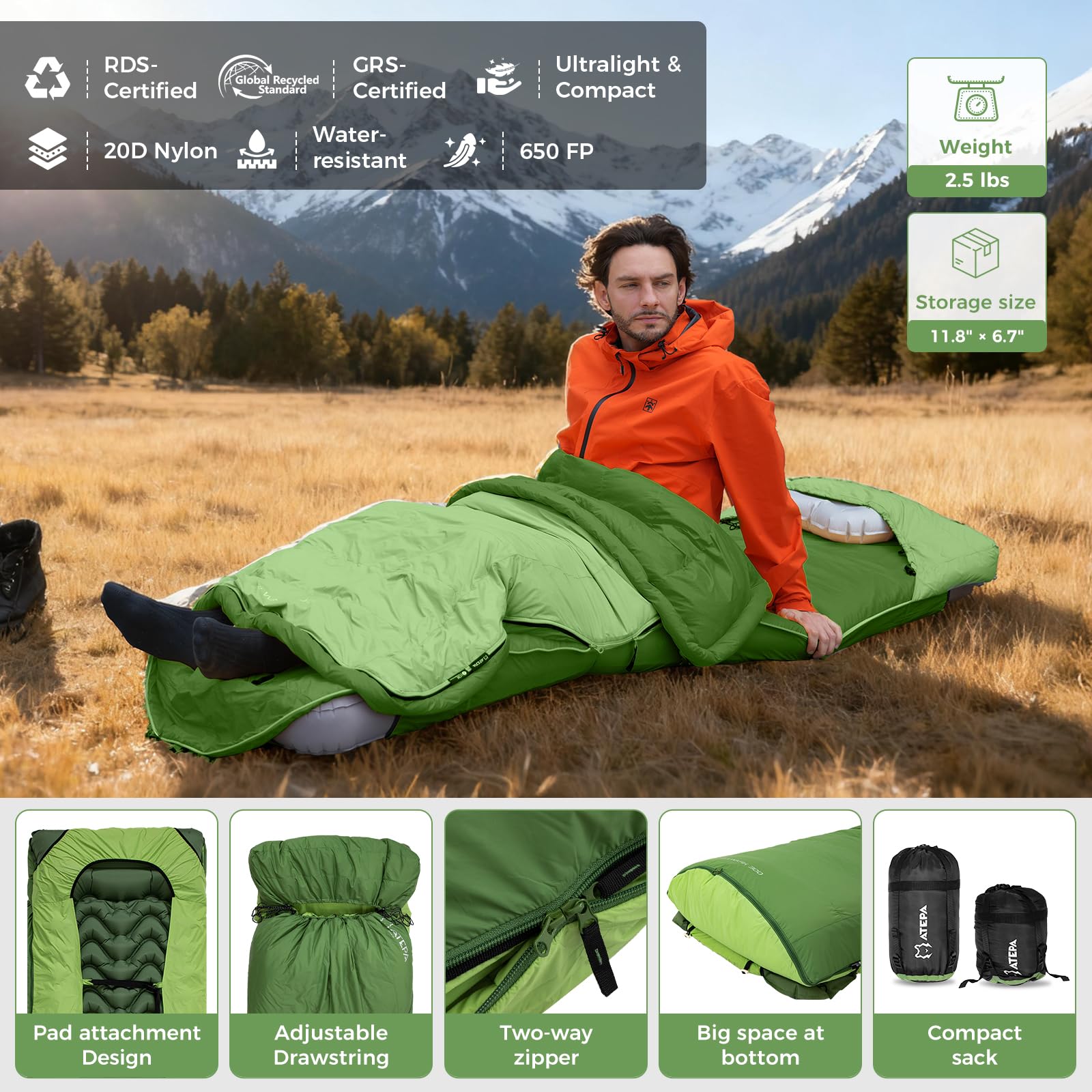 ATEPA Saco de Dormir de plumón para mochilero, Ultraligero, 650 FP, -6.7 °C/-1.1 °C 4 Estaciones, Saco de Dormir de 2 Piezas, Material reciclable con Saco de compresión, como Manta, Verde