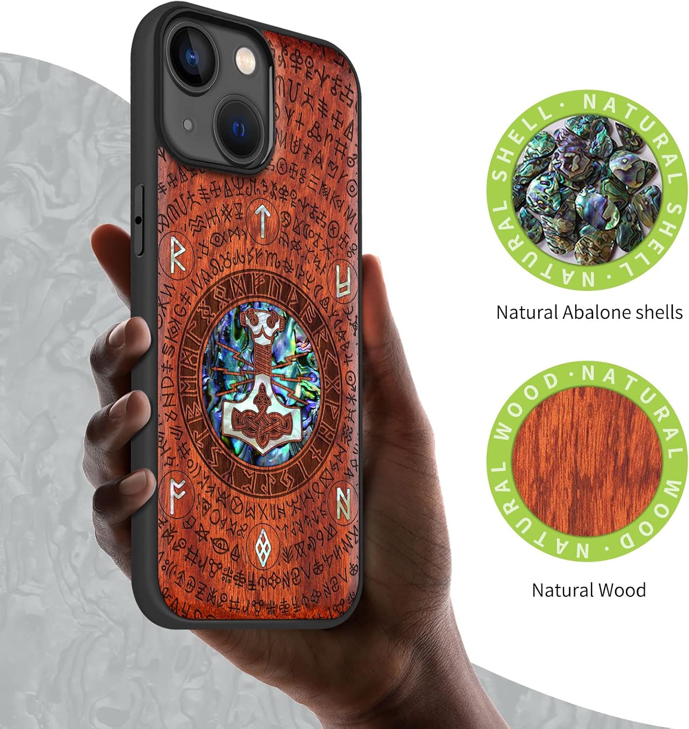 Carveit Designer Wooden Protective Magnetic Case for iPhone 14 Case [Wood Engraving & Shell Inlay] Unique Wood Phone Cover Compatible with iPhone 14 MagSafe (Thors Hammer-Rosy)