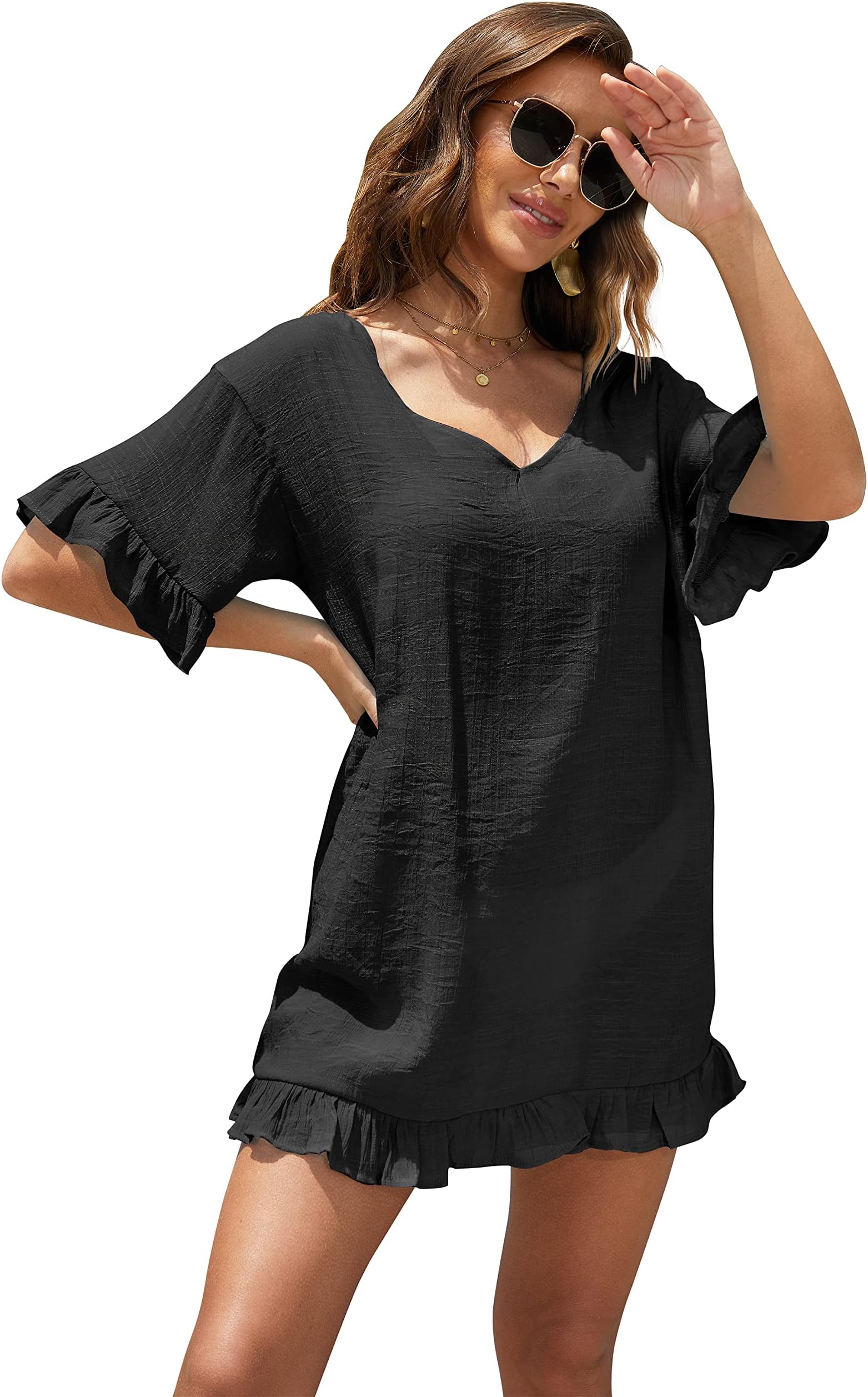 FANCYINNWomens Cute Beach Cover Ups Dress Ruffle Sleeve Hem Deep V Sheer Swimsuit Bathing Suit Resort Wear