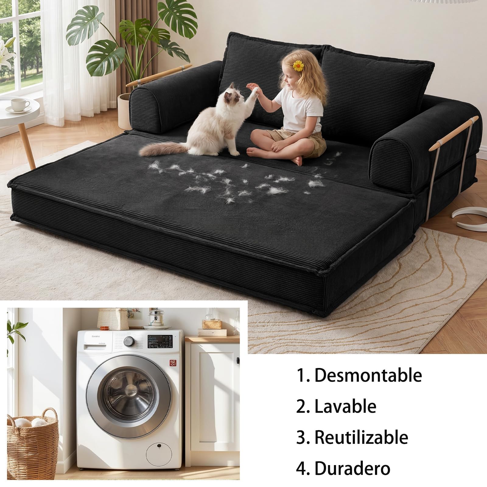 Vipbear 200cm Sofá Cama, Modular Desmontable Plegable 5 en 1, de Pana de Primera Calidad, Sofá Cama 3 Plazas Ideal para Espacios Reducidos, Negro