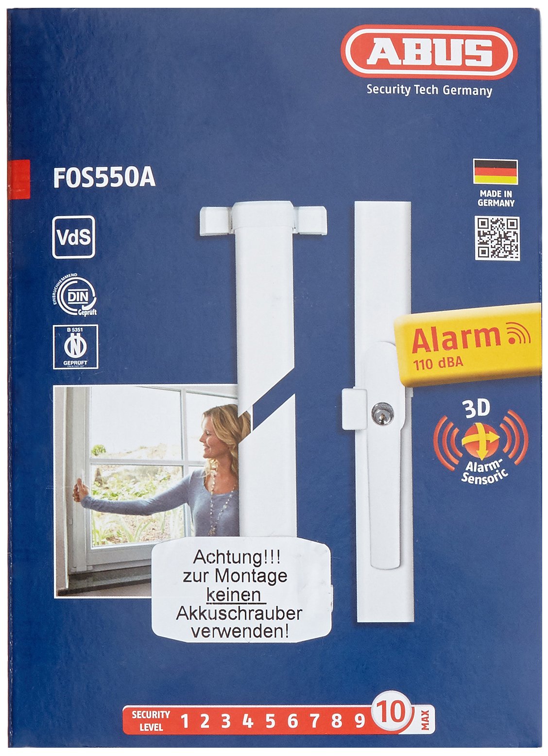 Abus Fos550A Al0125 Spranga con Blocco, Serratura a Spinta con Cilindro e Allarme, Chiave Maestra, Livello di Sicurezza: 10, 07299, Bianco