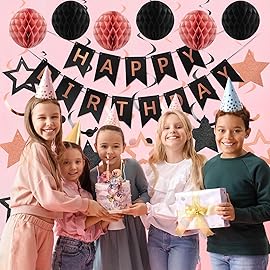 meowtastic Birthday Decorations, Happy Birthday Banner with Honeycomb Ball, Star Hanging Swirl Streamer, Circle Dot Garland, Happy Birthday Party Decoration for Women Men Boy Girl (Rose Gold & Black)