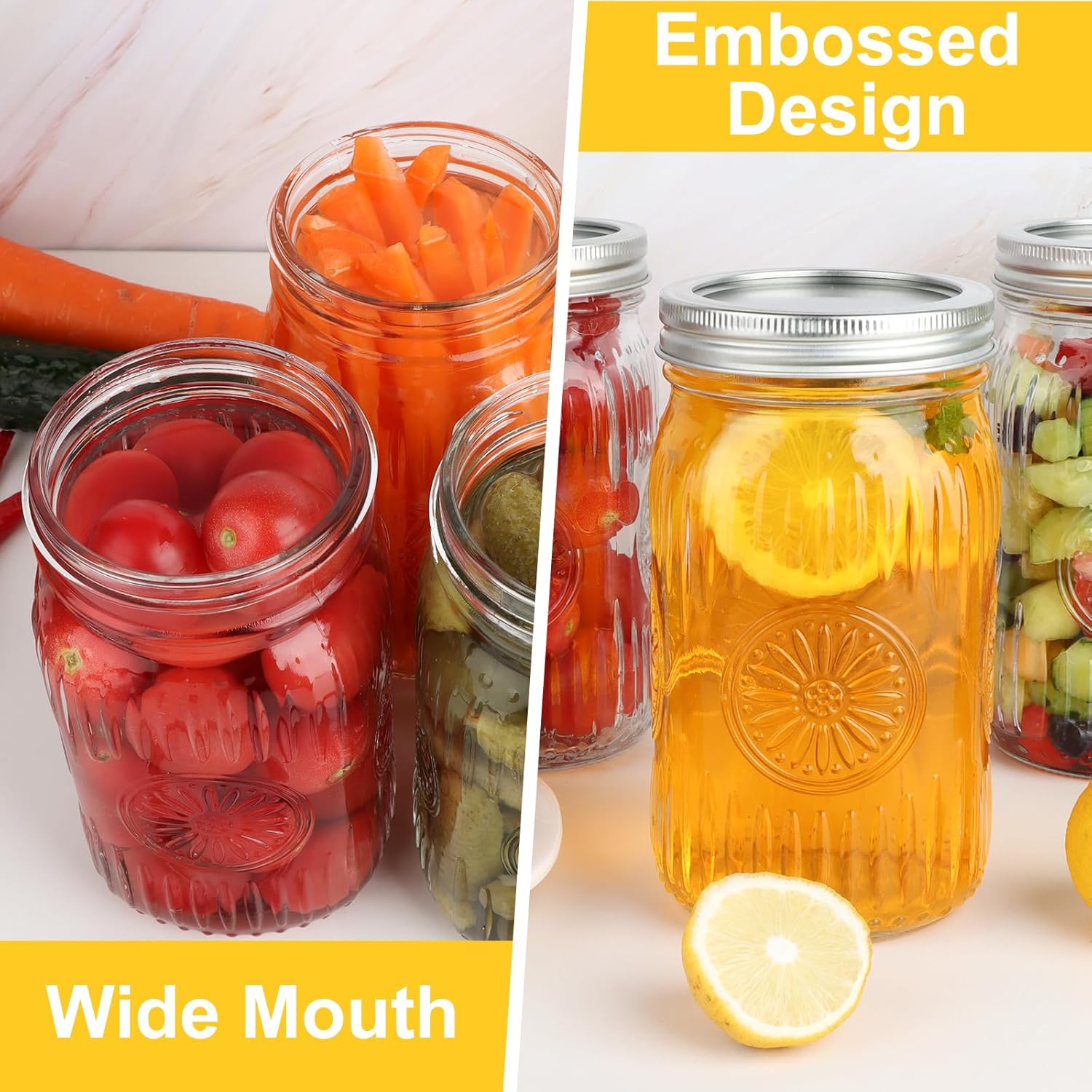 32 oz Wide Mouth Mason Jars with Lids and Bands, 6 Pack Quart Canning Jars, Embossed Glass Mason Jars for Centerpieces, Preserving, Pickling, Meal Prep, Jam, DIY Crafts