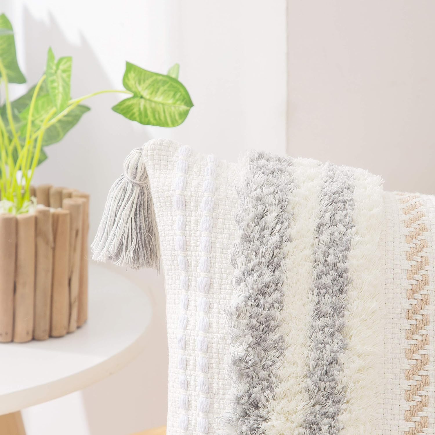 decorUhome Set of 2 Boho Decorative Throw Pillow Covers for Bed Bedroom Neutral Accent Cushion Cover Tufted Woven Pillow Case, 20x20, Grey and White : Home & Kitchen