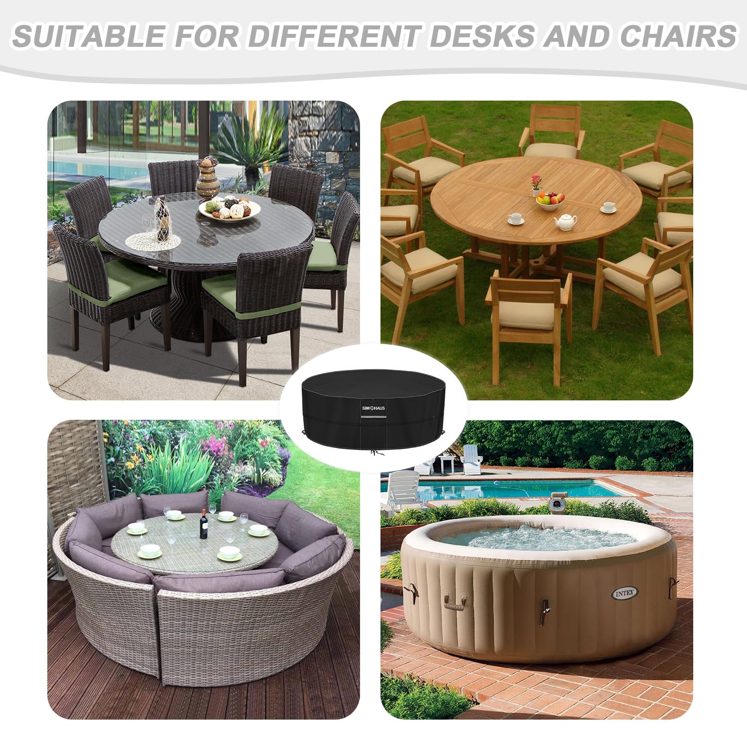 Copritavolo Rotondo da Esterno Copertura SPA Gonfiabile Telo rotondo Copri Mobili da Giardino Copritavolo Impermeabile Tessuto Oxford 420D Antivento Antipolvere Anti-UV Ø200x80cm